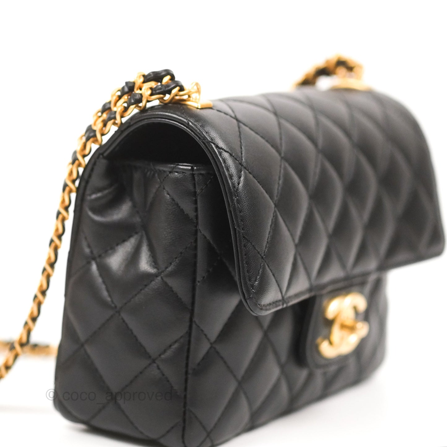 Chanel Flap Bag with Logo Enamel Chain Black Lambskin 22B