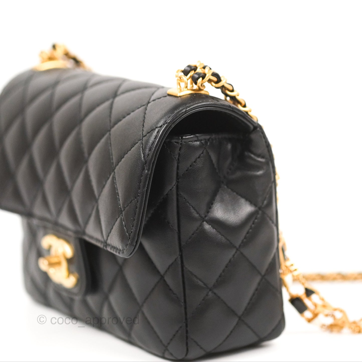 Chanel Flap Bag with Logo Enamel Chain Black Lambskin 22B