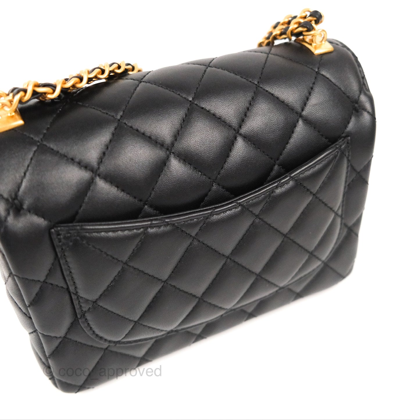 Chanel Flap Bag with Logo Enamel Chain Black Lambskin 22B