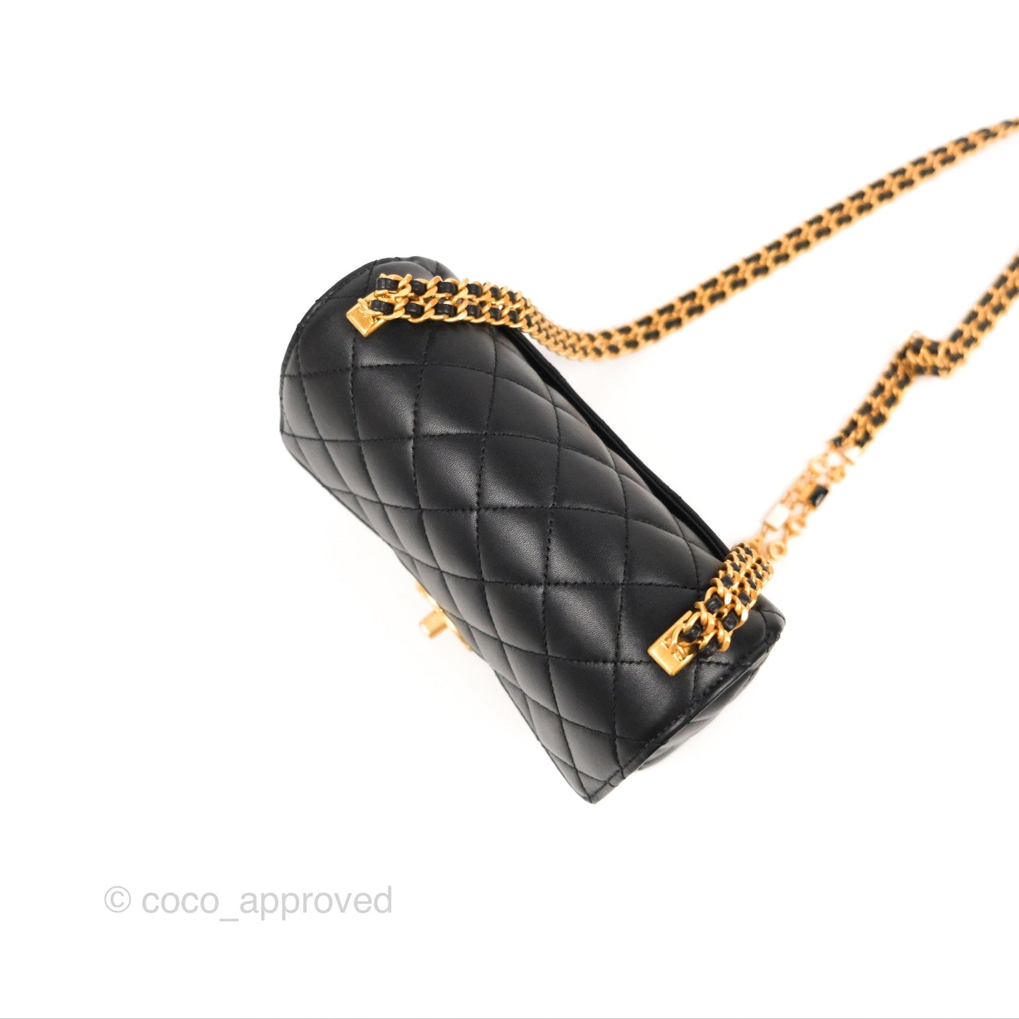 Chanel Flap Bag with Logo Enamel Chain Black Lambskin 22B