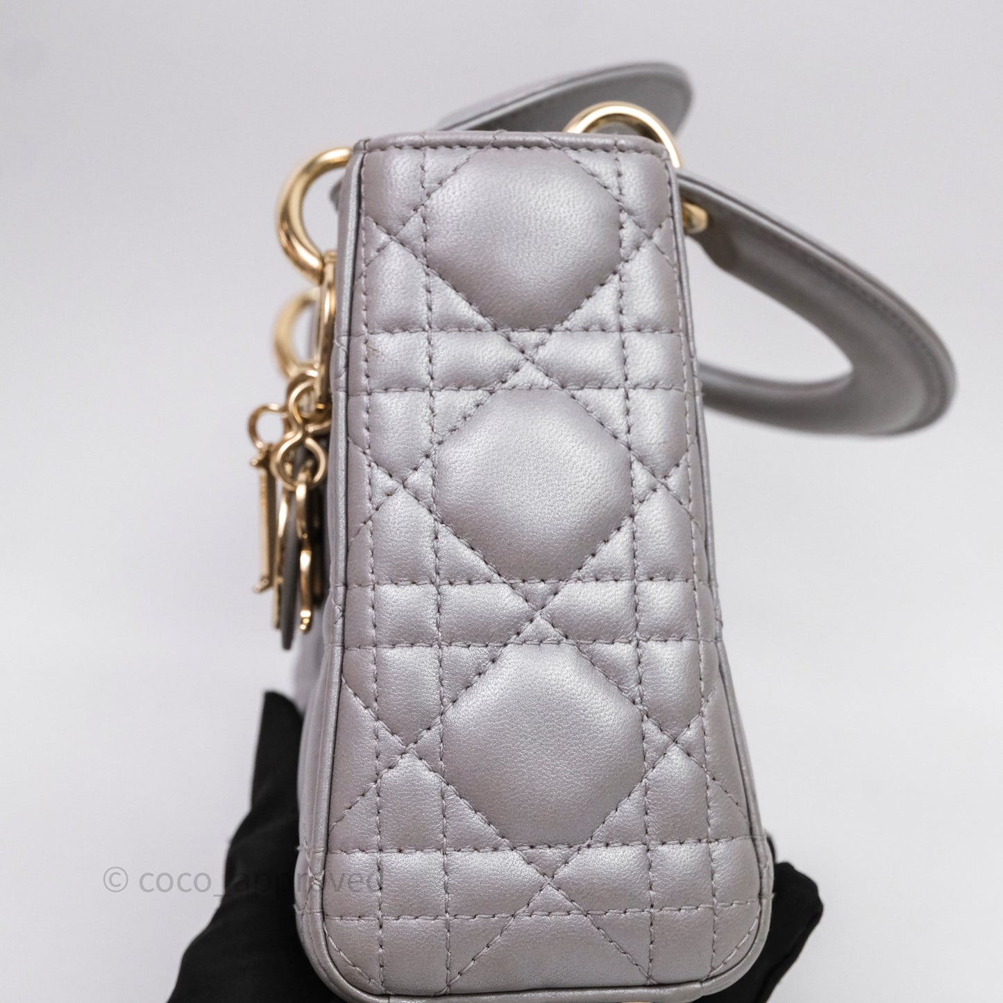 Christian Dior Mini Lady Dior Iridescent Grey Lambskin Cannage Gold Hardware