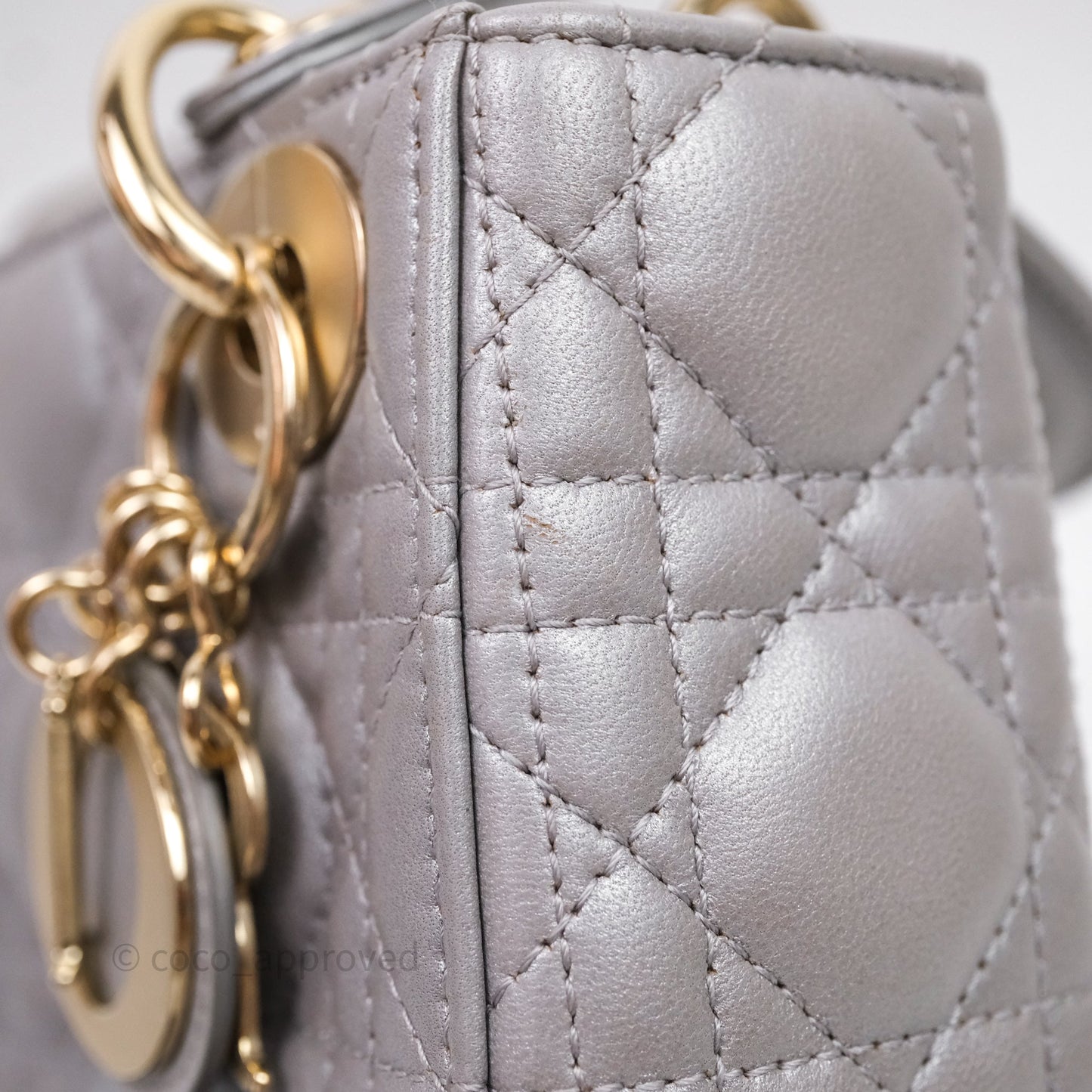 Christian Dior Mini Lady Dior Iridescent Grey Lambskin Cannage Gold Hardware