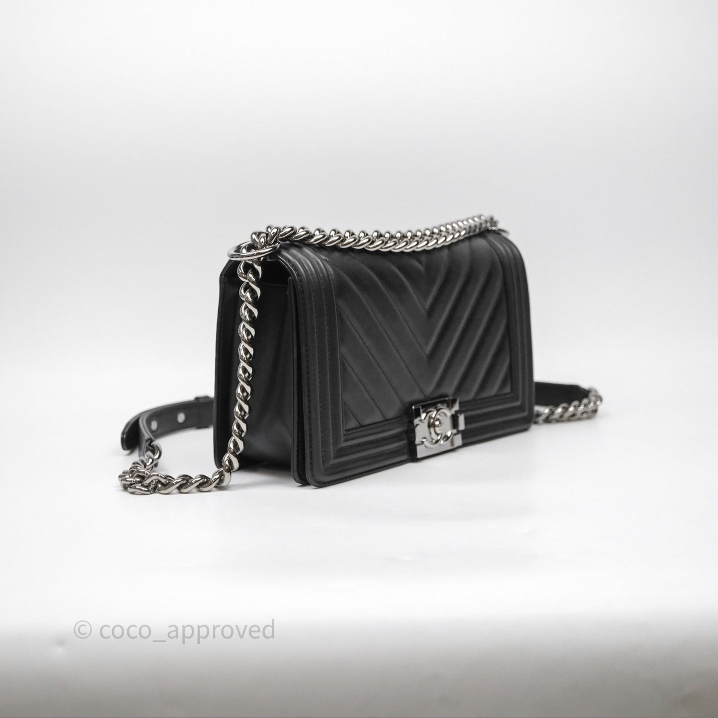 Chanel Medium Boy Chevron Black Calfskin Silver Hardware