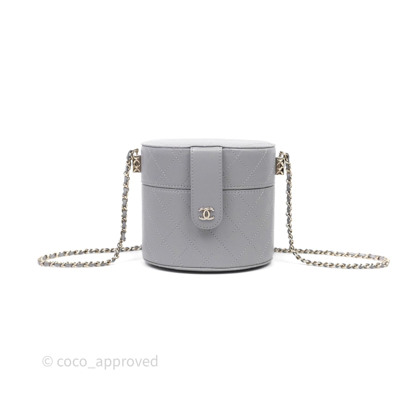Chanel Quilted Round Vanity Clutch With Chain Grey Lambskin Gold Hardware