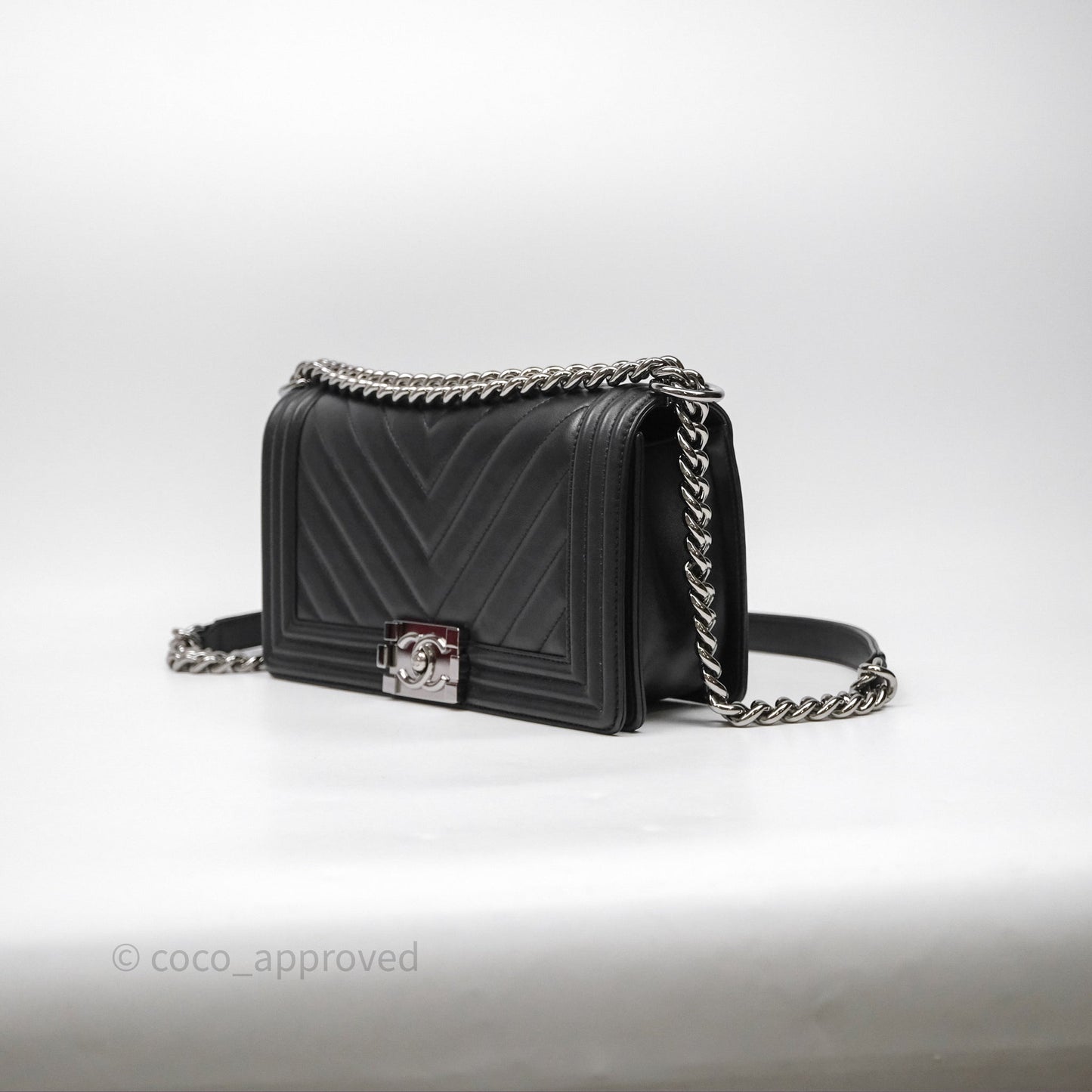 Chanel Medium Boy Chevron Black Calfskin Silver Hardware