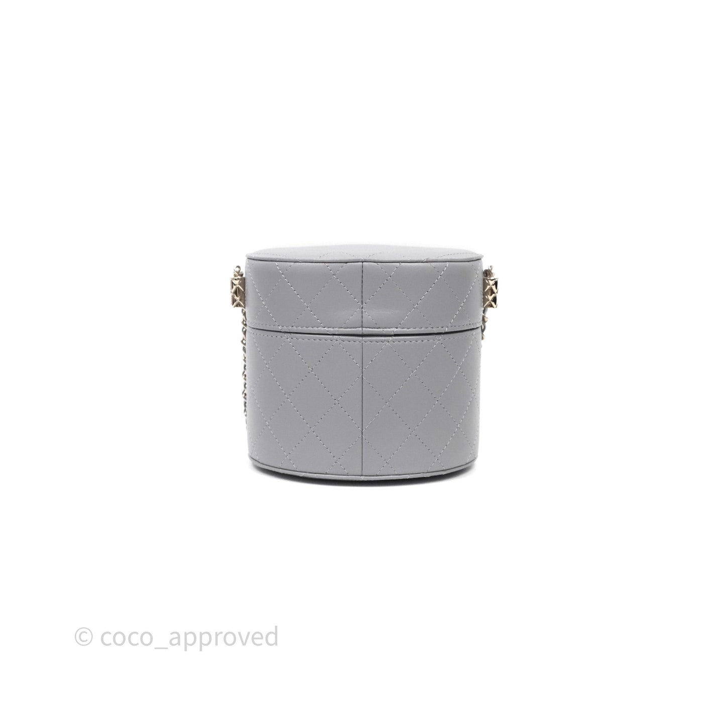 Chanel Quilted Round Vanity Clutch With Chain Grey Lambskin Gold Hardware