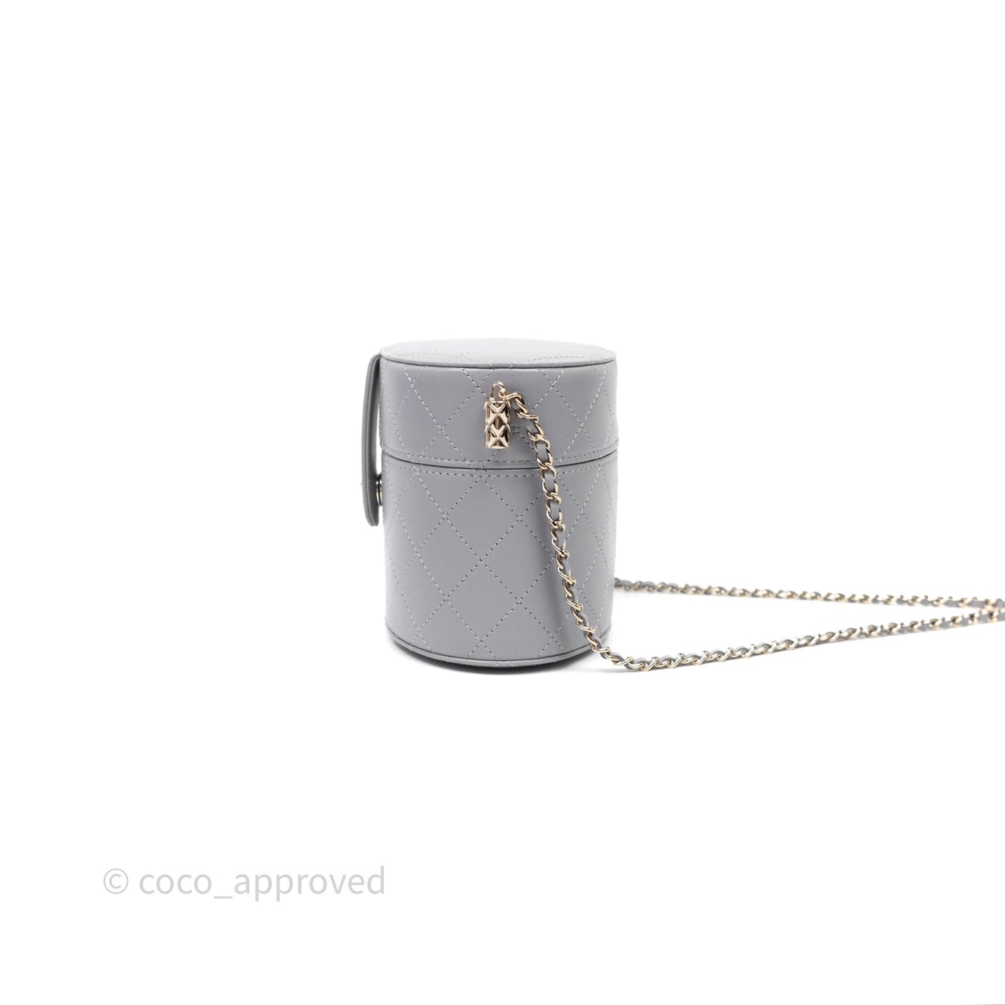 Chanel Quilted Round Vanity Clutch With Chain Grey Lambskin Gold Hardware