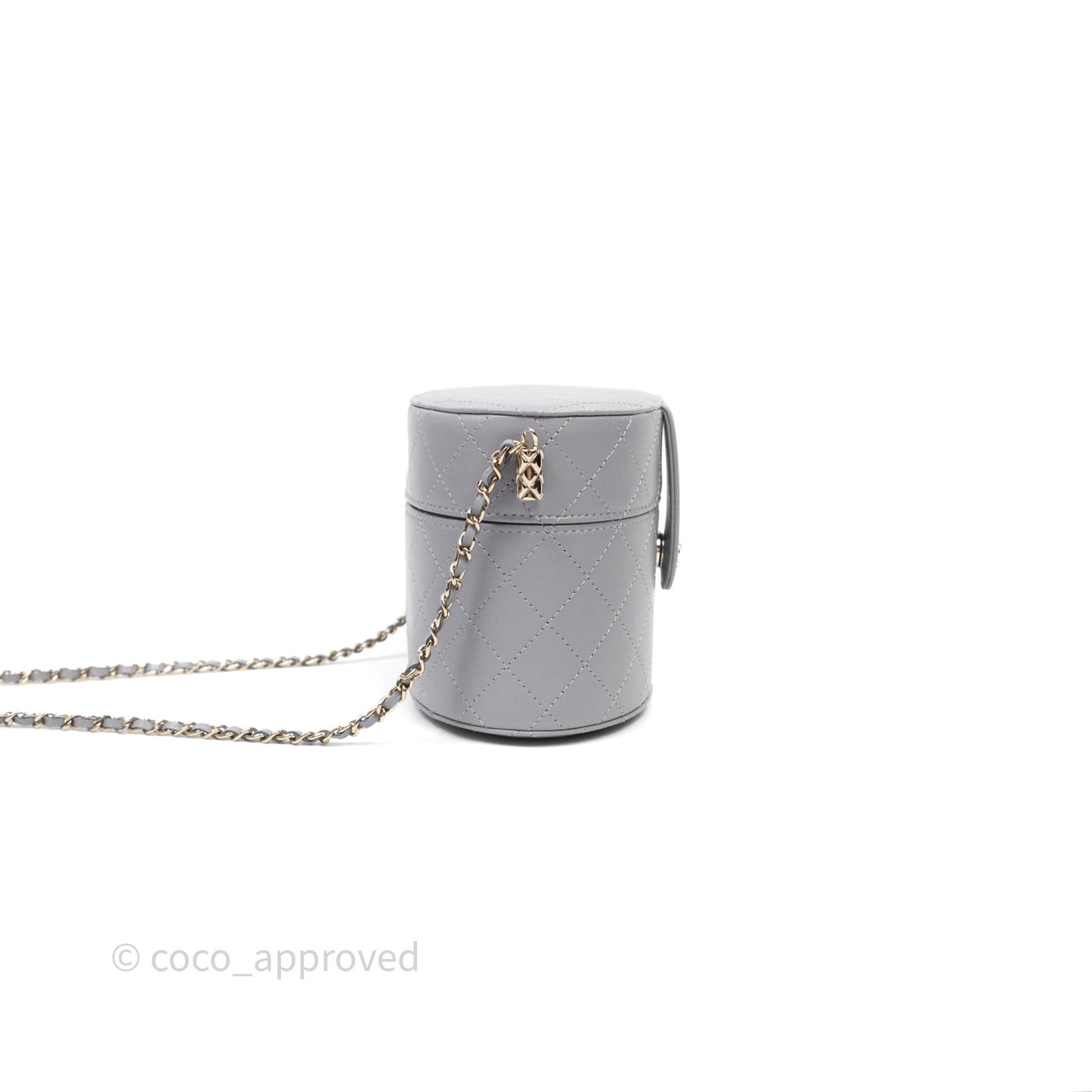 Chanel Quilted Round Vanity Clutch With Chain Grey Lambskin Gold Hardware