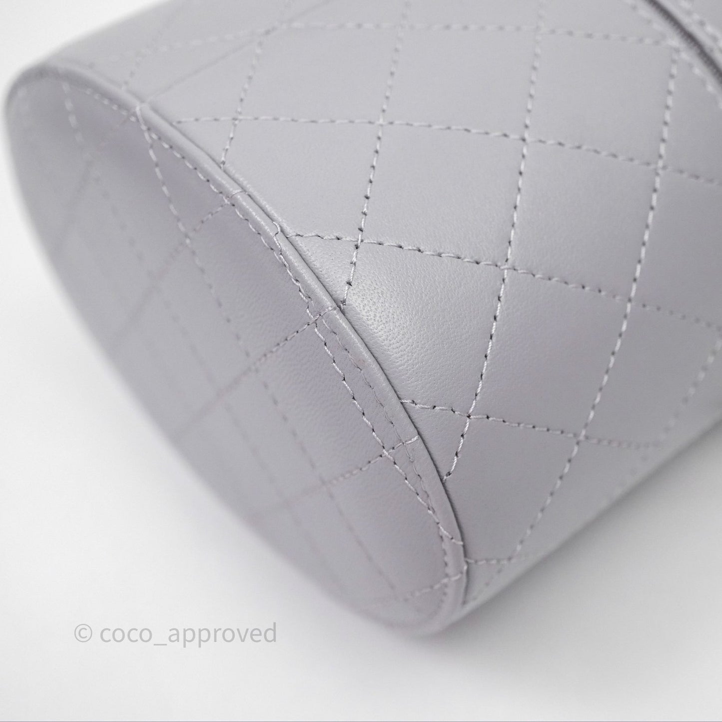 Chanel Quilted Round Vanity Clutch With Chain Grey Lambskin Gold Hardware