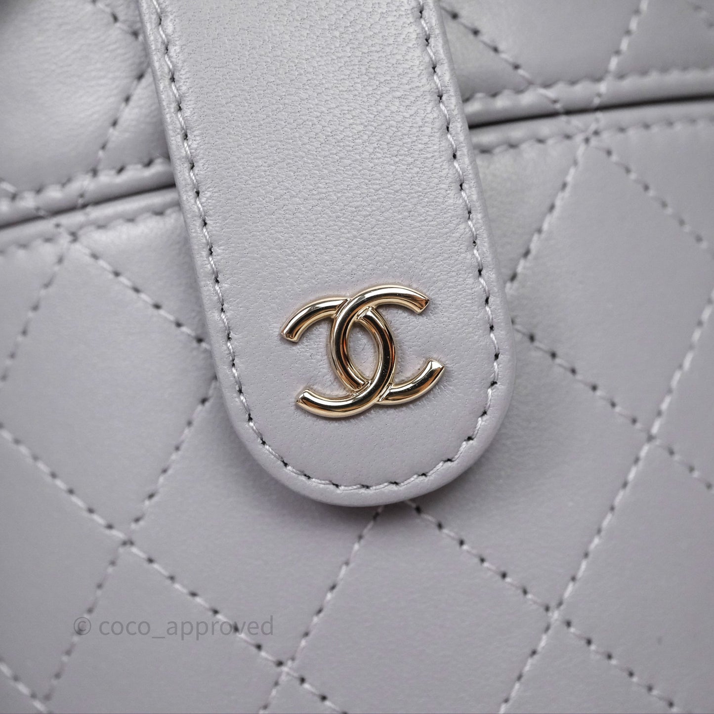 Chanel Quilted Round Vanity Clutch With Chain Grey Lambskin Gold Hardware