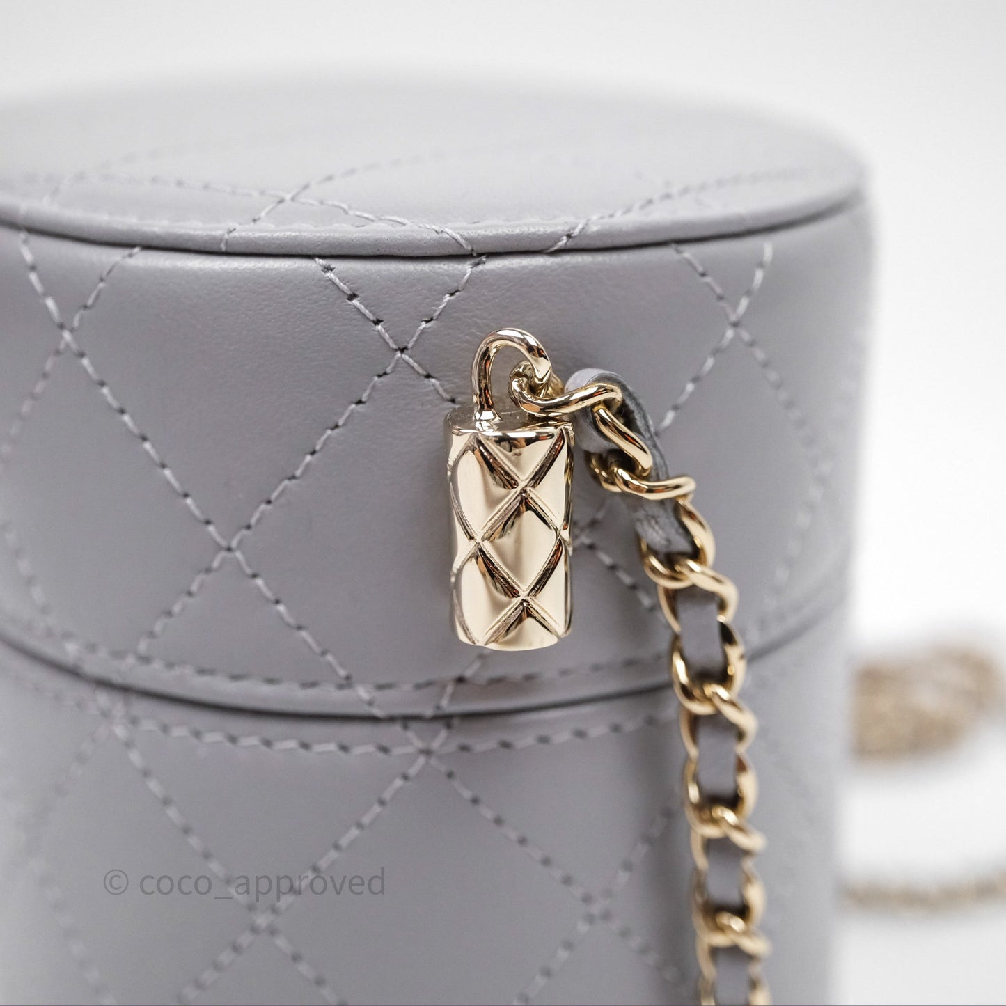 Chanel Quilted Round Vanity Clutch With Chain Grey Lambskin Gold Hardware