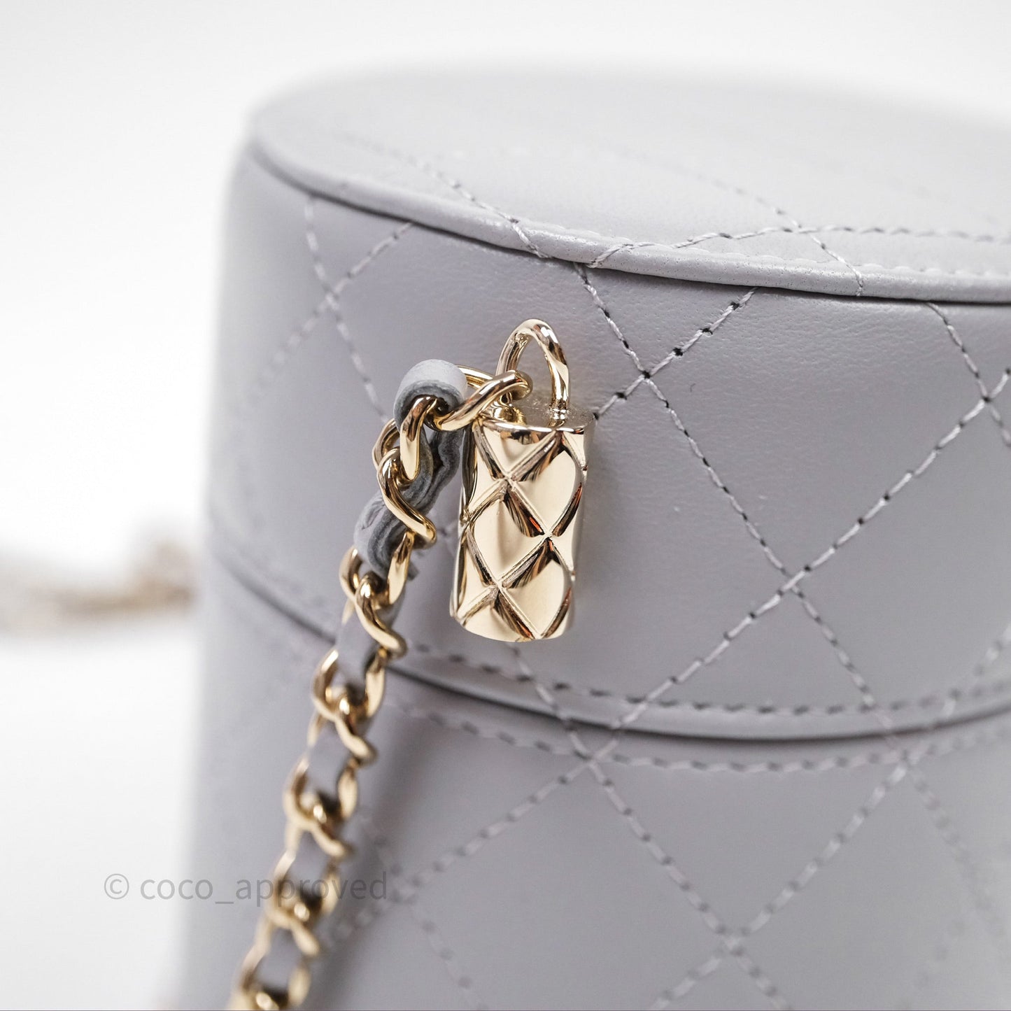 Chanel Quilted Round Vanity Clutch With Chain Grey Lambskin Gold Hardware