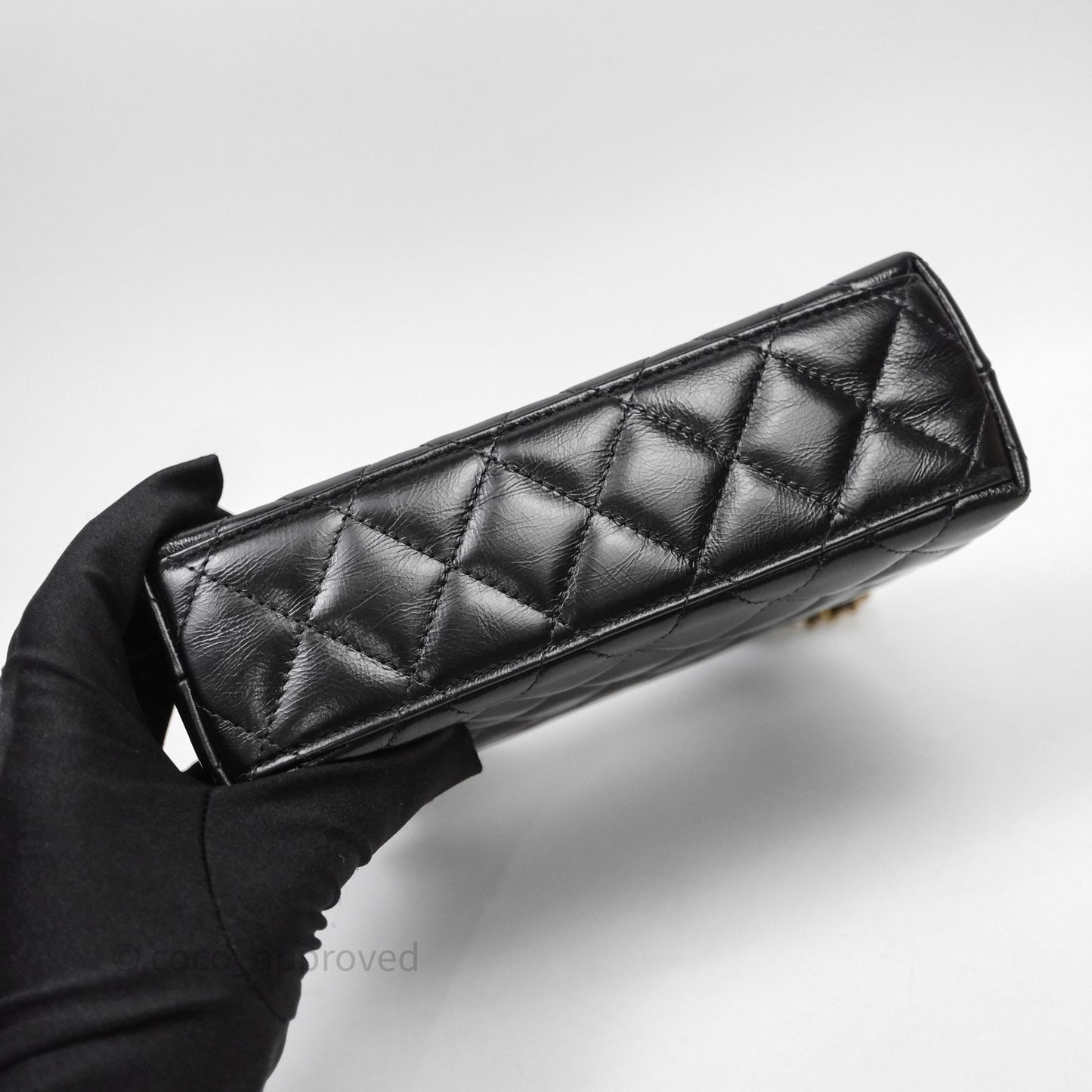 Chanel Kelly Bag Quilted Black Shiny Crumpled Calfskin Aged Gold Hardware