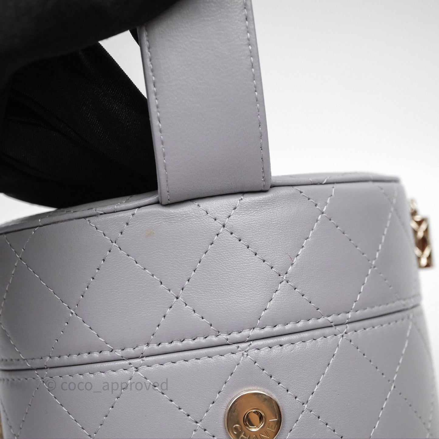 Chanel Quilted Round Vanity Clutch With Chain Grey Lambskin Gold Hardware
