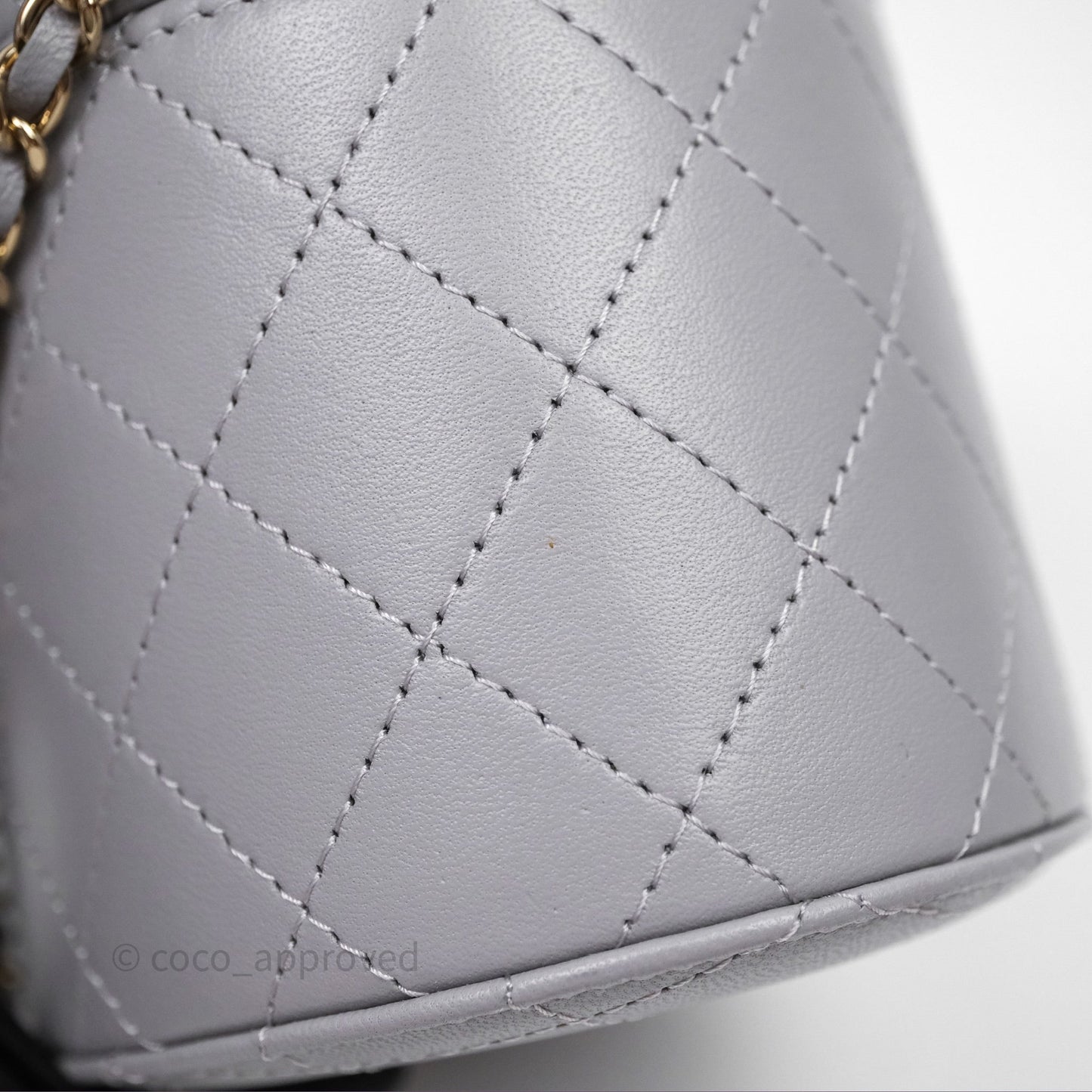 Chanel Quilted Round Vanity Clutch With Chain Grey Lambskin Gold Hardware