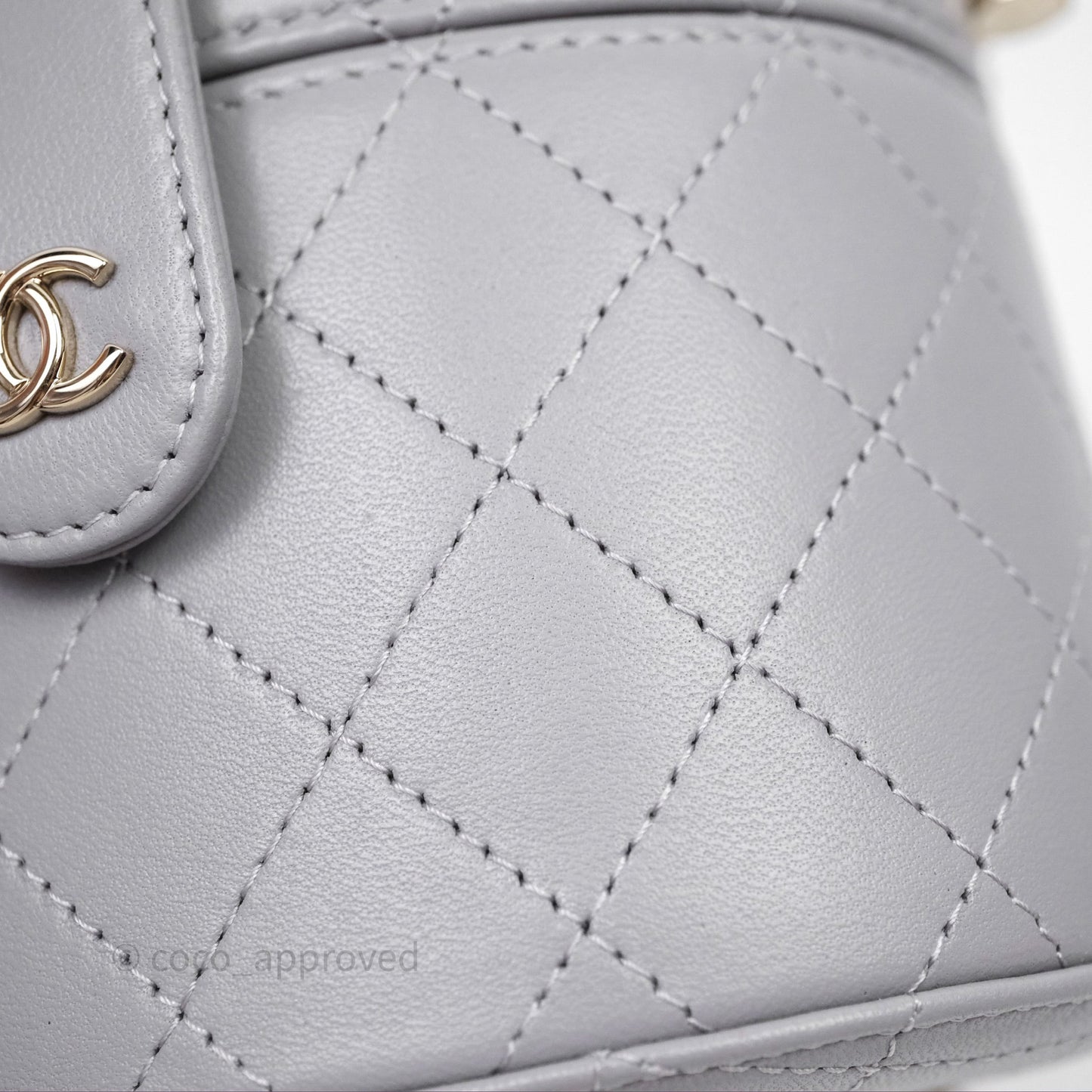 Chanel Quilted Round Vanity Clutch With Chain Grey Lambskin Gold Hardware