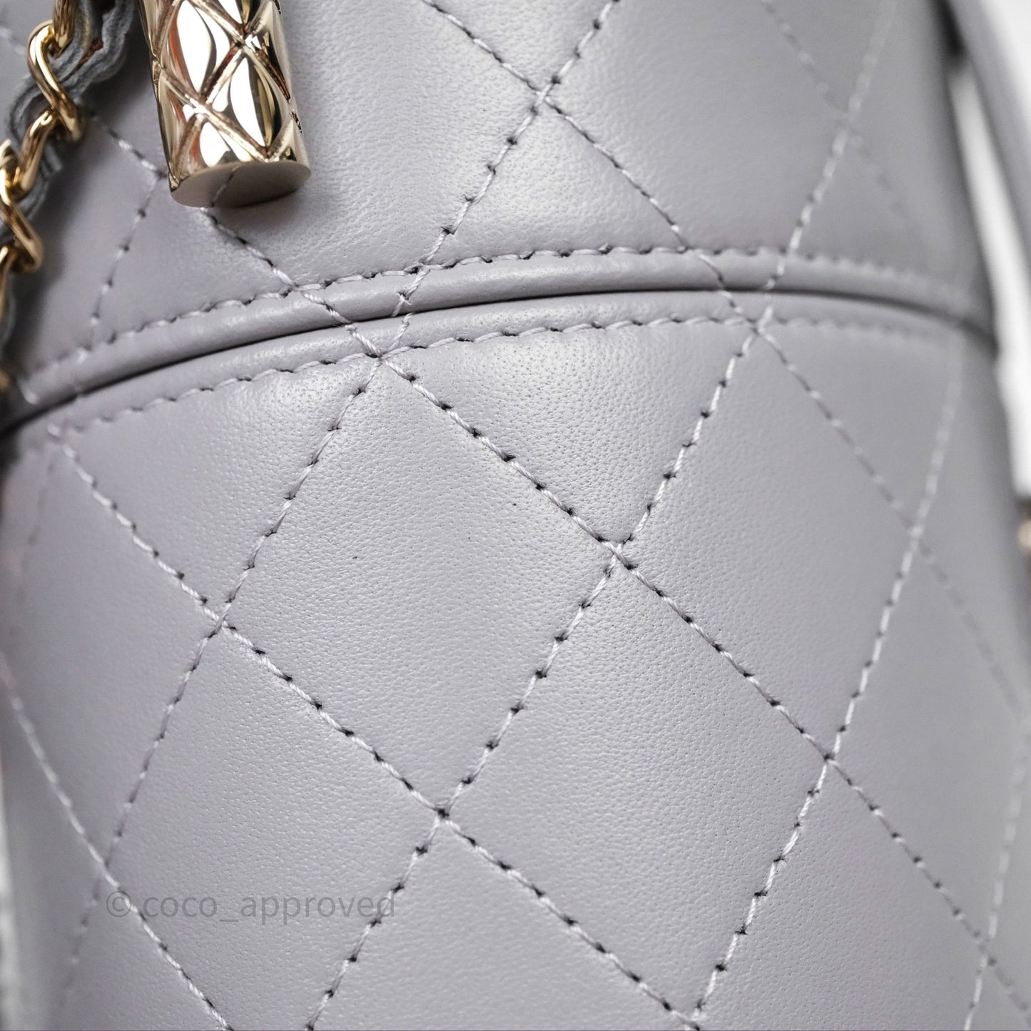 Chanel Quilted Round Vanity Clutch With Chain Grey Lambskin Gold Hardware