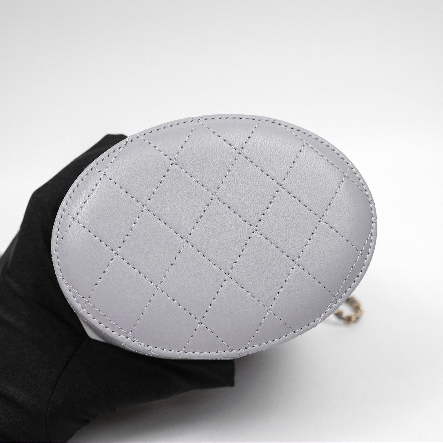 Chanel Quilted Round Vanity Clutch With Chain Grey Lambskin Gold Hardware