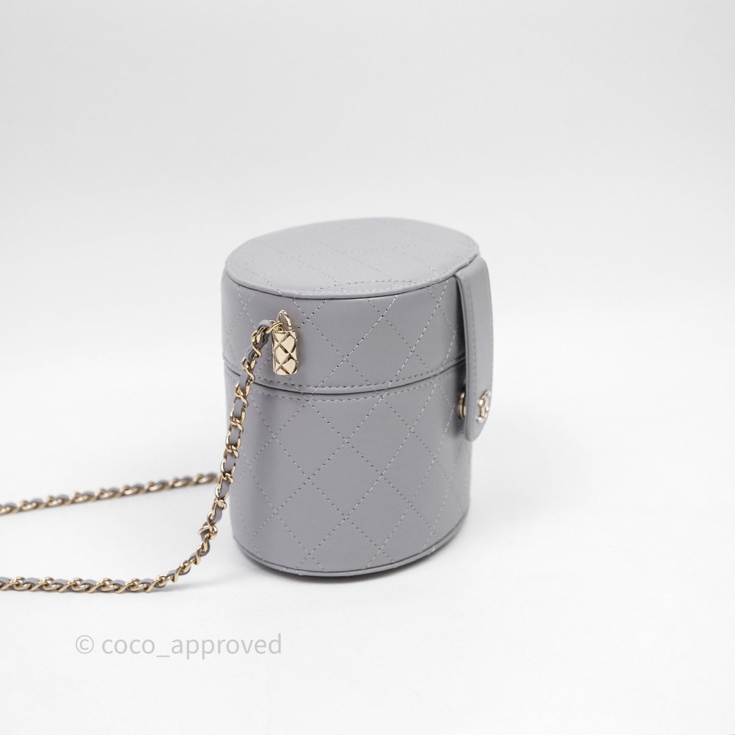 Chanel Quilted Round Vanity Clutch With Chain Grey Lambskin Gold Hardware