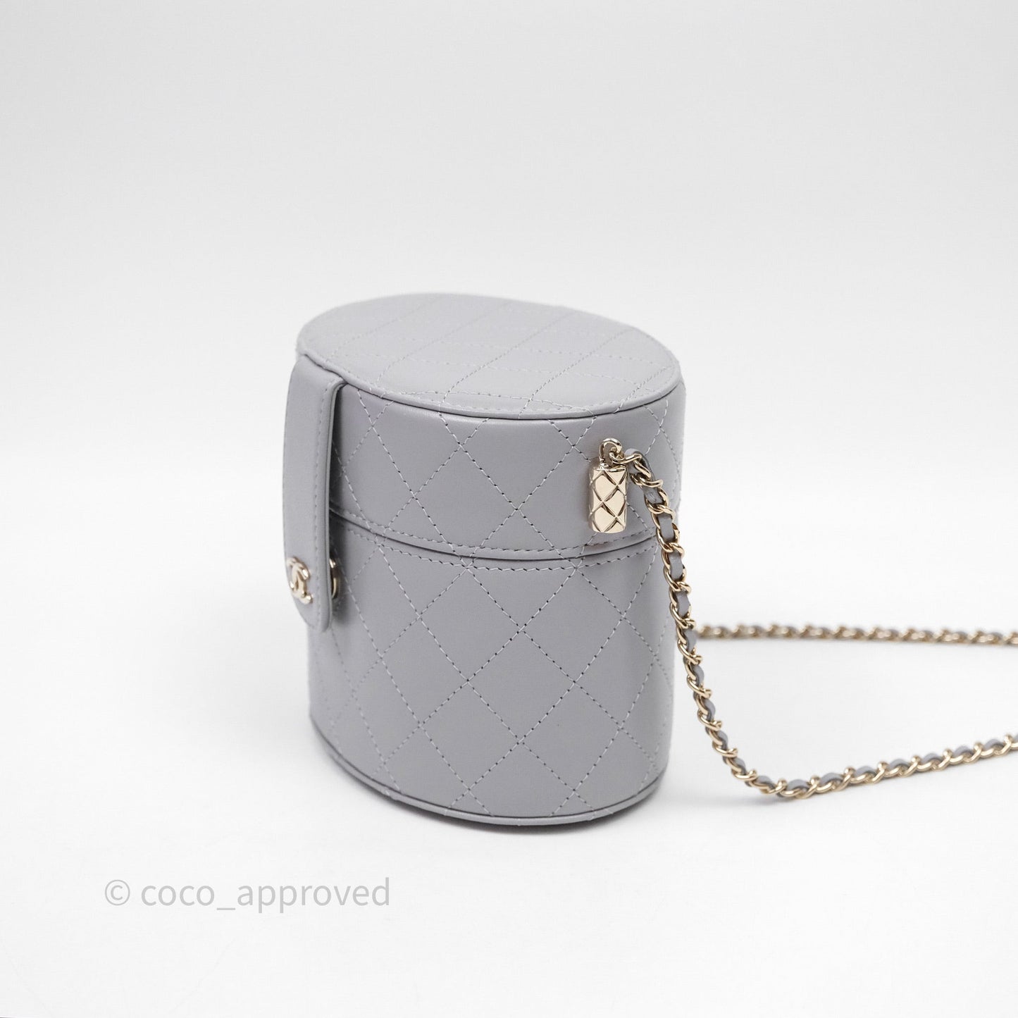 Chanel Quilted Round Vanity Clutch With Chain Grey Lambskin Gold Hardware