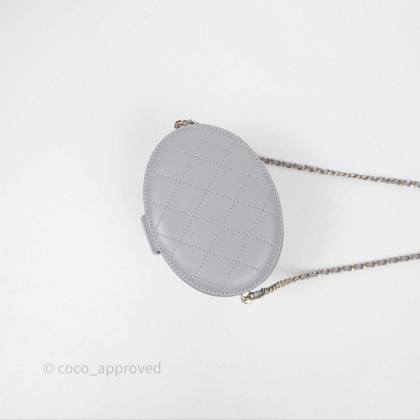 Chanel Quilted Round Vanity Clutch With Chain Grey Lambskin Gold Hardware