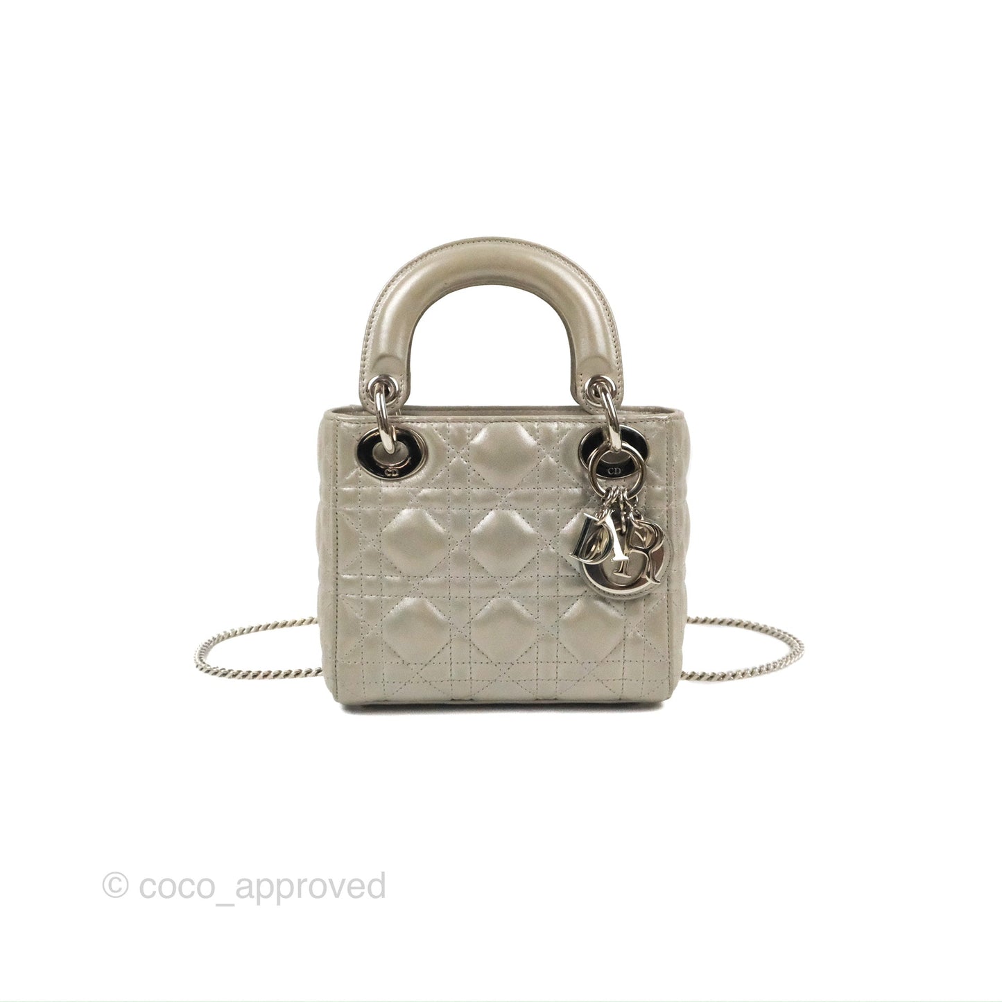 Christian Dior Mini Lady Dior Bag Cannage Lambskin Iridescent Grey Gold Hardware