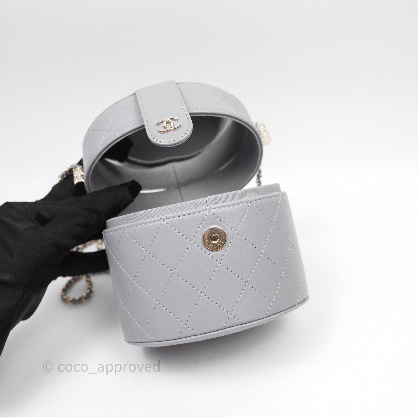 Chanel Quilted Round Vanity Clutch With Chain Grey Lambskin Gold Hardware
