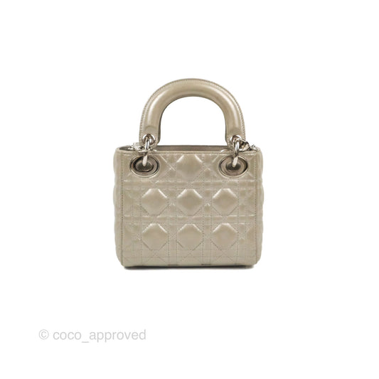 Christian Dior Mini Lady Dior Bag Cannage Lambskin Iridescent Grey Gold Hardware