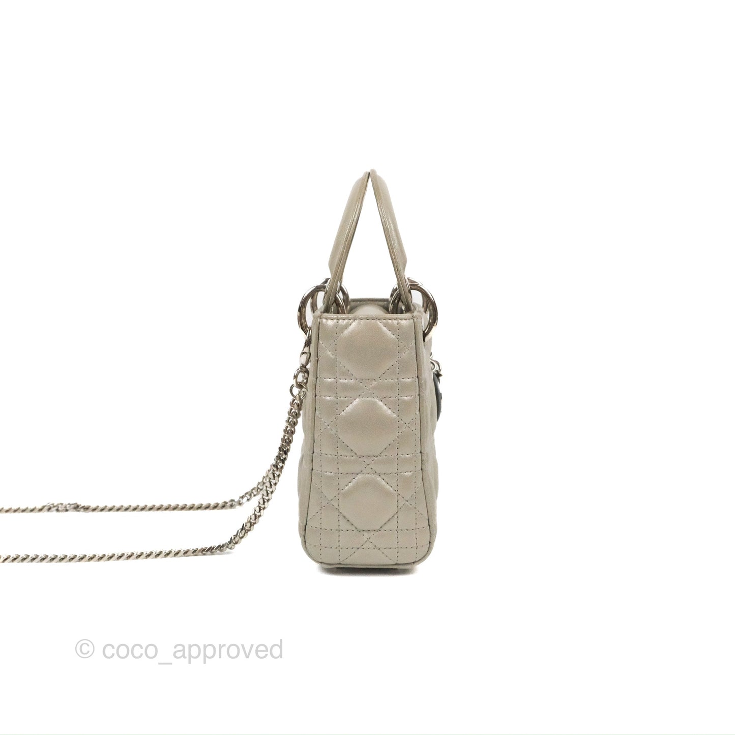Christian Dior Mini Lady Dior Bag Cannage Lambskin Iridescent Grey Gold Hardware