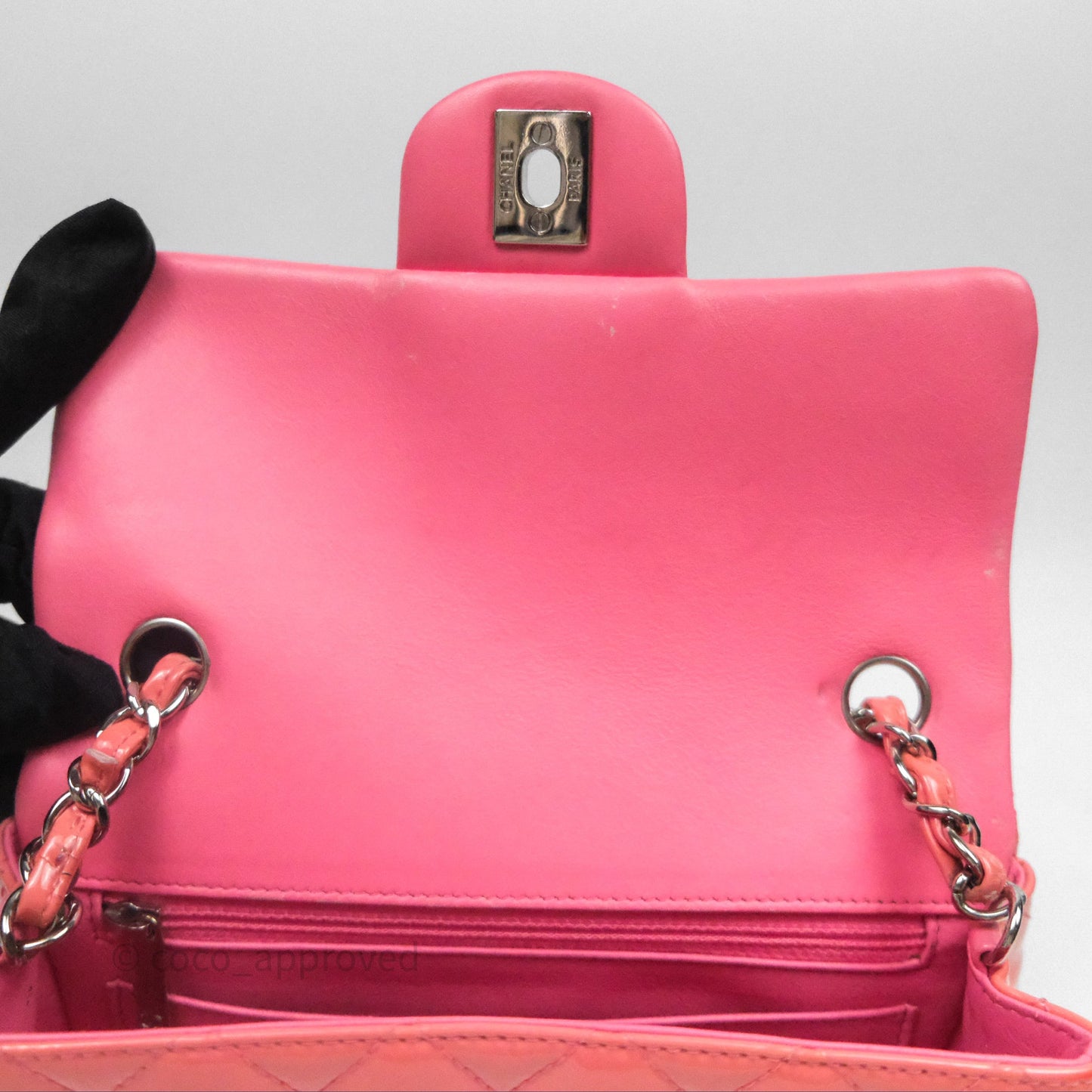 Chanel Quilted Mini Rectangular Pink Patent Silver Hardware