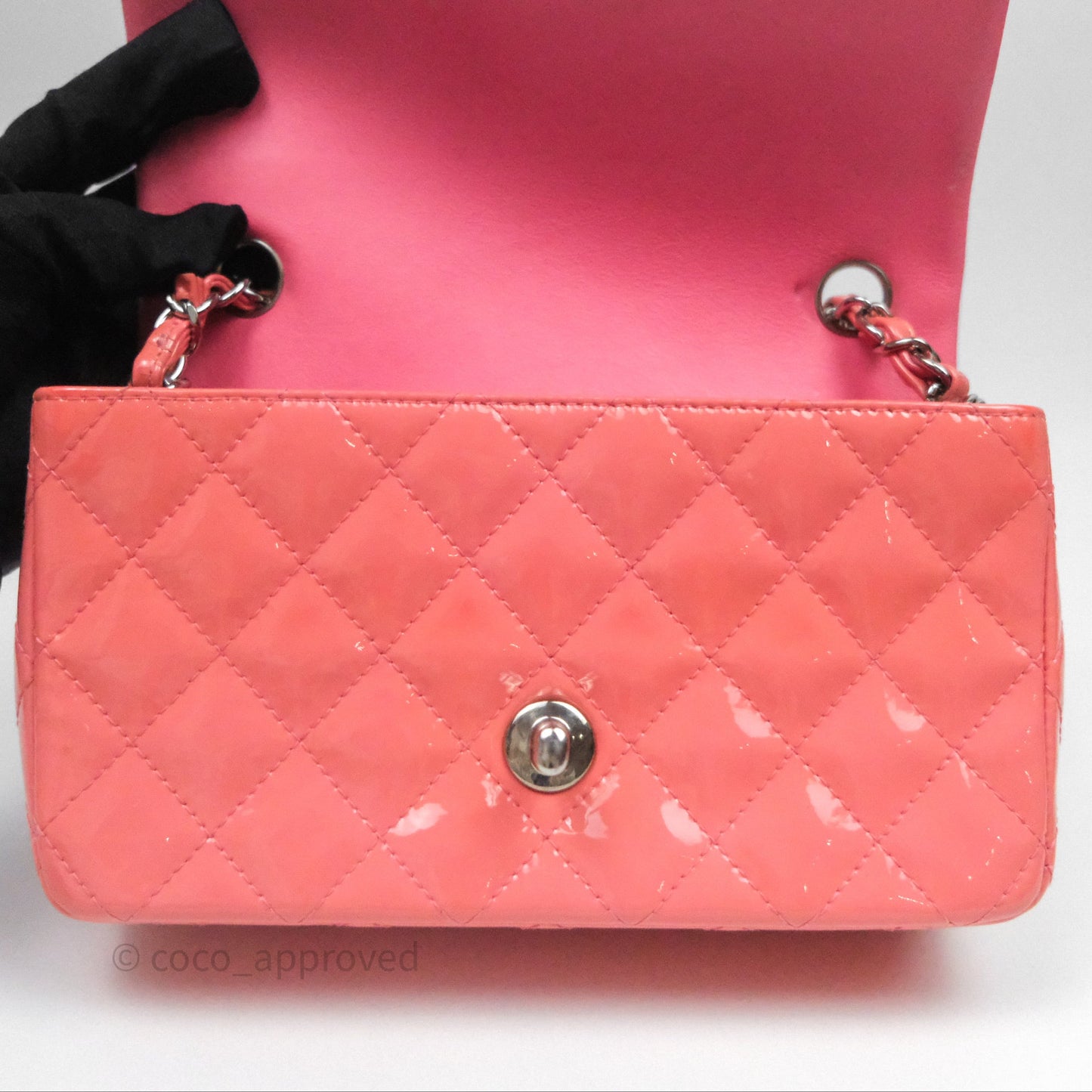 Chanel Quilted Mini Rectangular Pink Patent Silver Hardware
