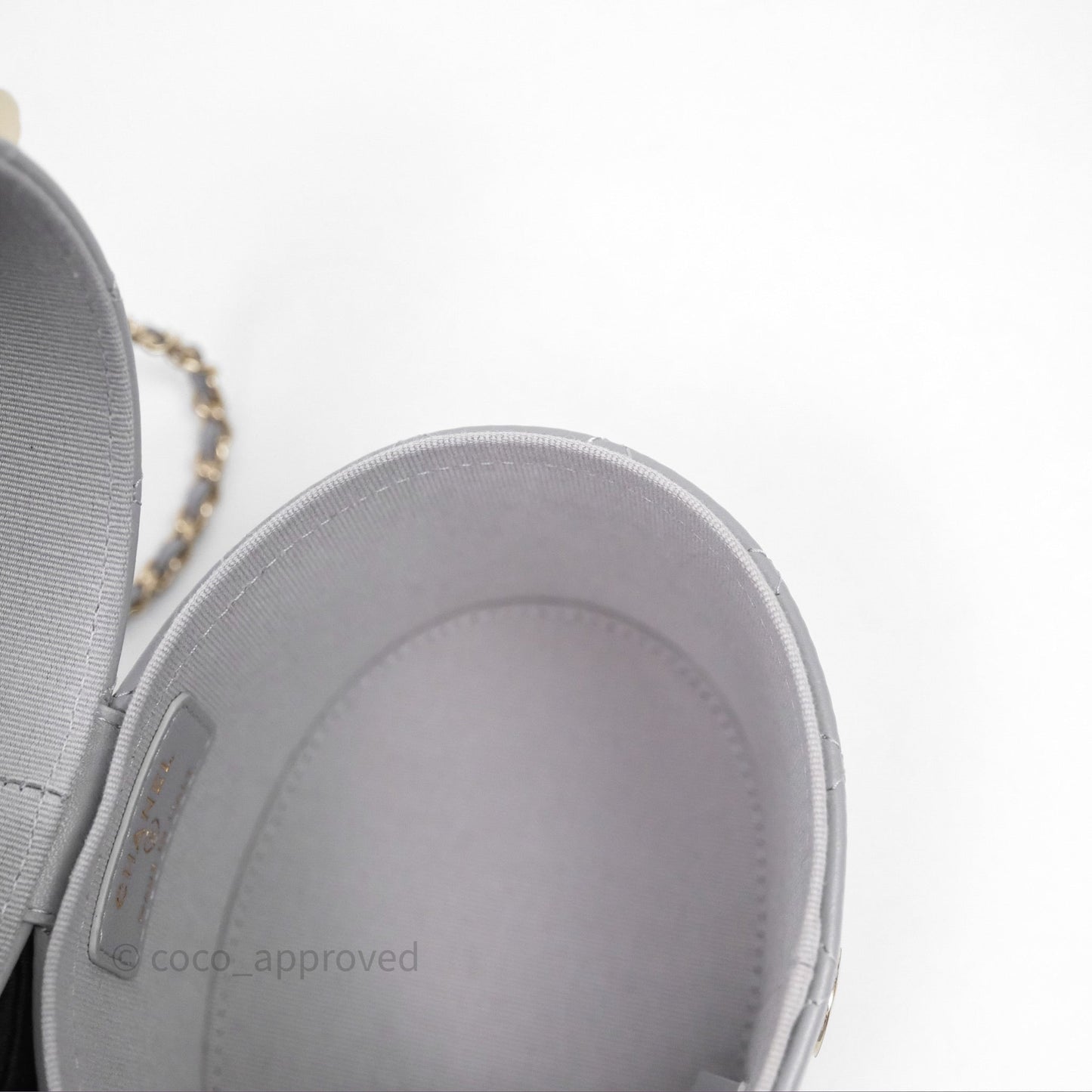Chanel Quilted Round Vanity Clutch With Chain Grey Lambskin Gold Hardware