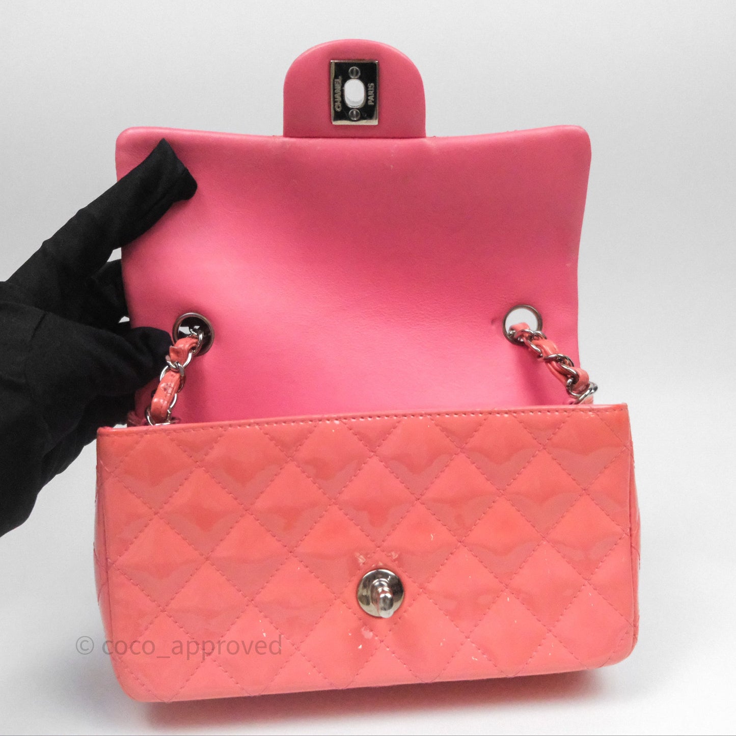 Chanel Quilted Mini Rectangular Pink Patent Silver Hardware