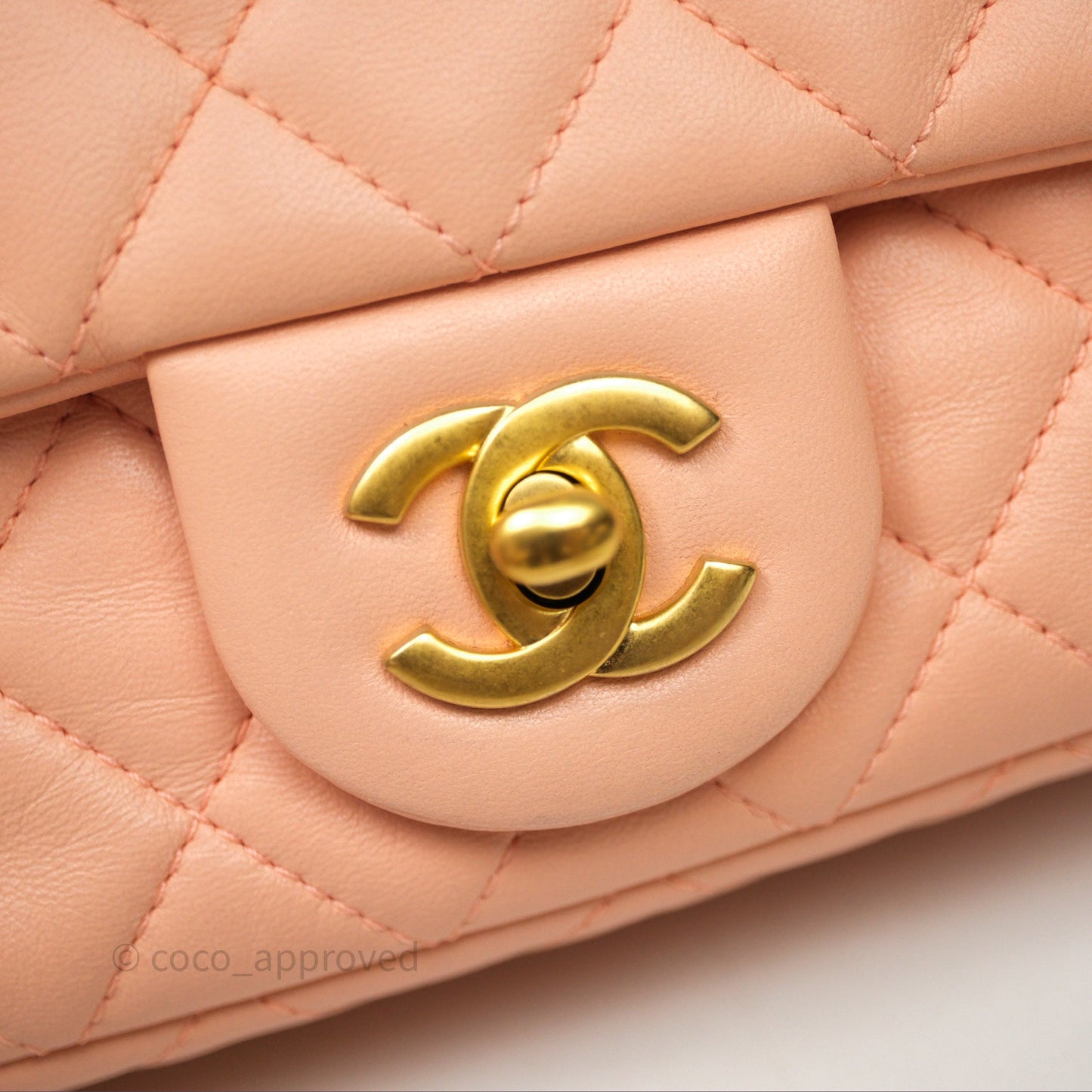 Chanel Mini Rectangular Pearl Crush Quilted Peach Lambskin Aged Gold Hardware