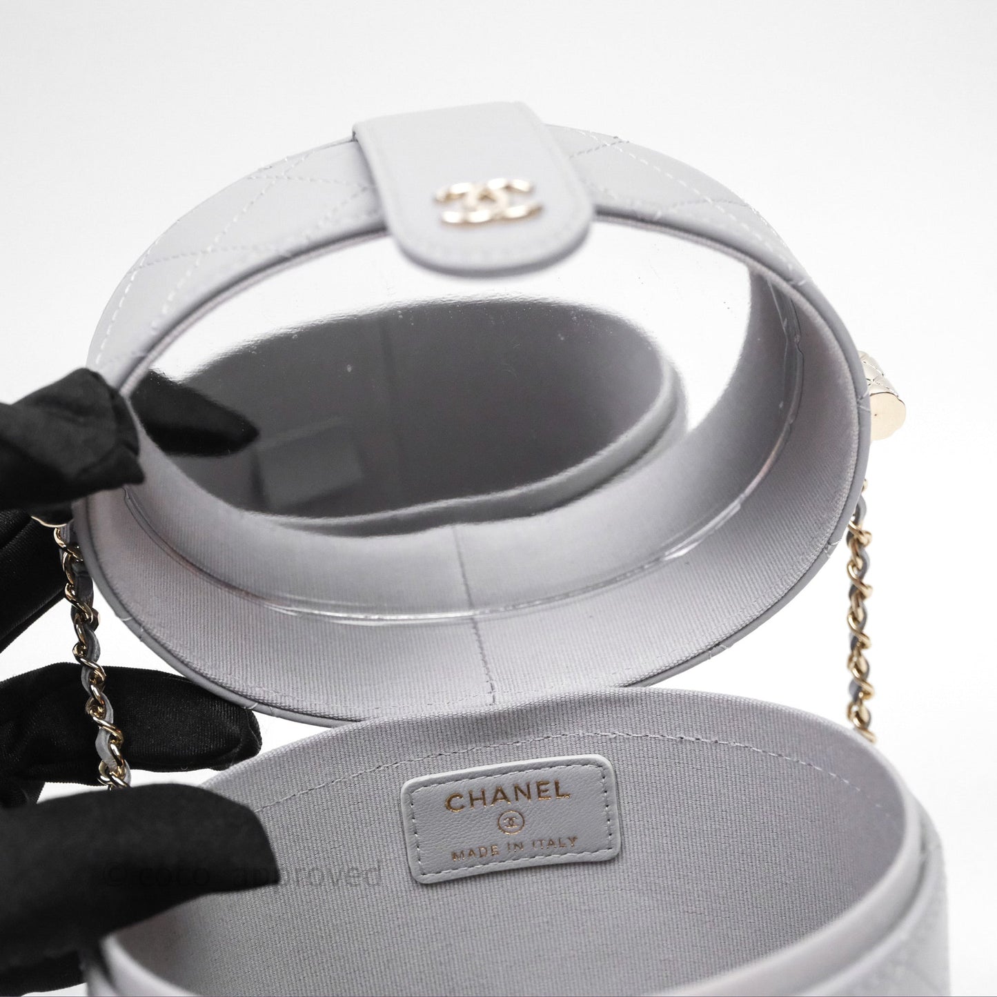 Chanel Quilted Round Vanity Clutch With Chain Grey Lambskin Gold Hardware