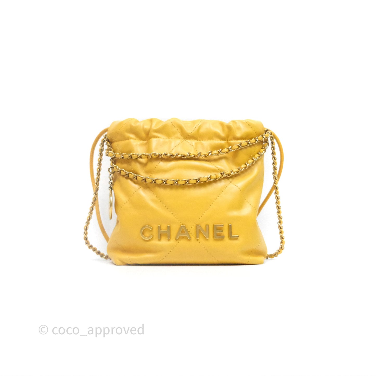 Chanel 22 Mini Bag Mustard Yellow Crumpled Calfskin Aged Gold Hardware