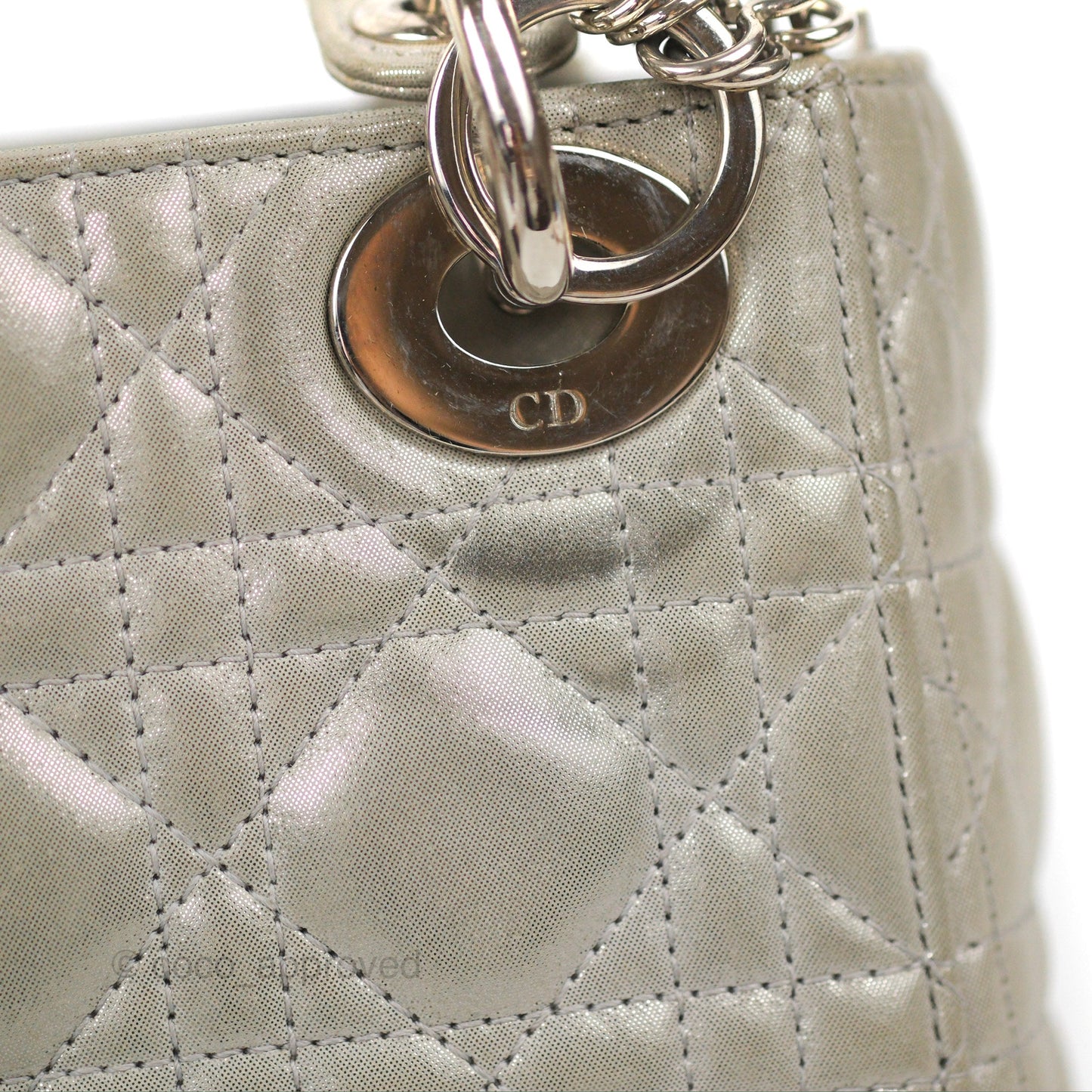 Christian Dior Mini Lady Dior Bag Cannage Lambskin Iridescent Grey Gold Hardware