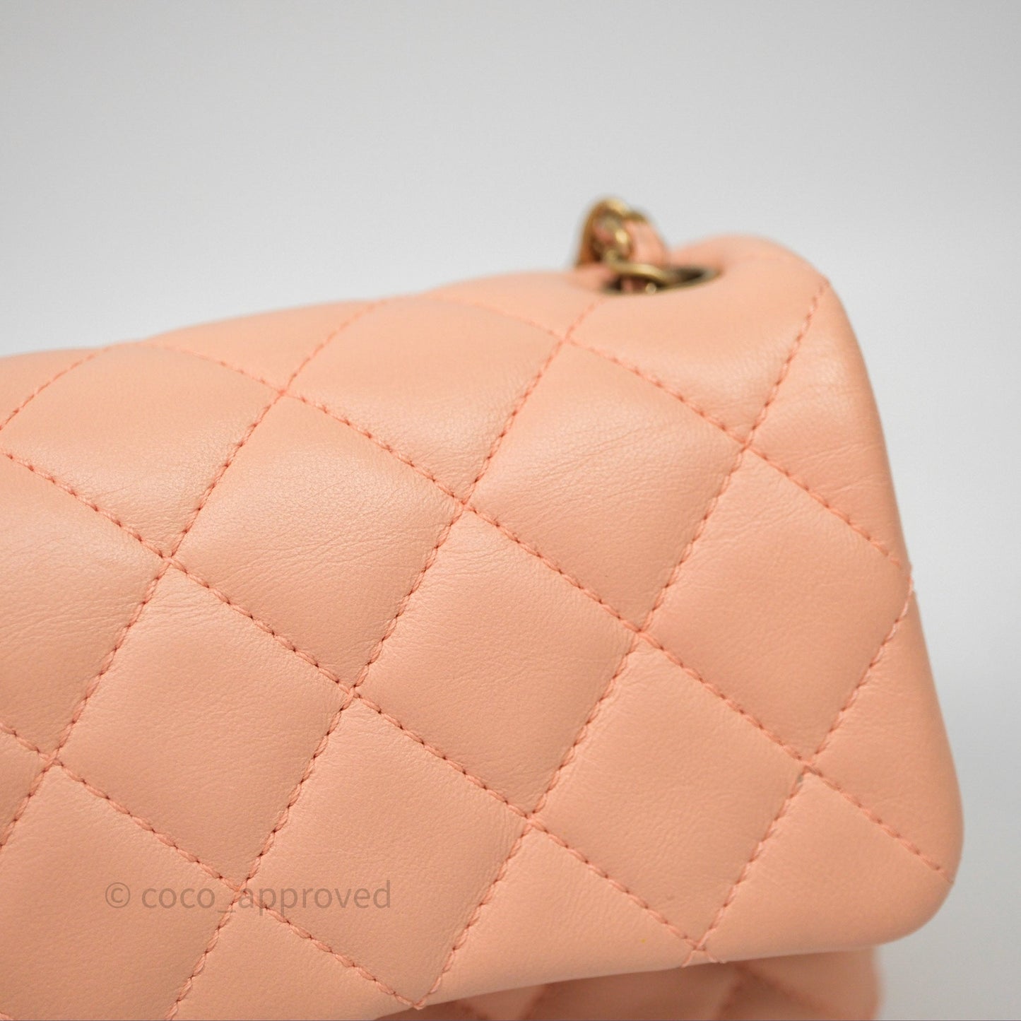 Chanel Mini Rectangular Pearl Crush Quilted Peach Lambskin Aged Gold Hardware
