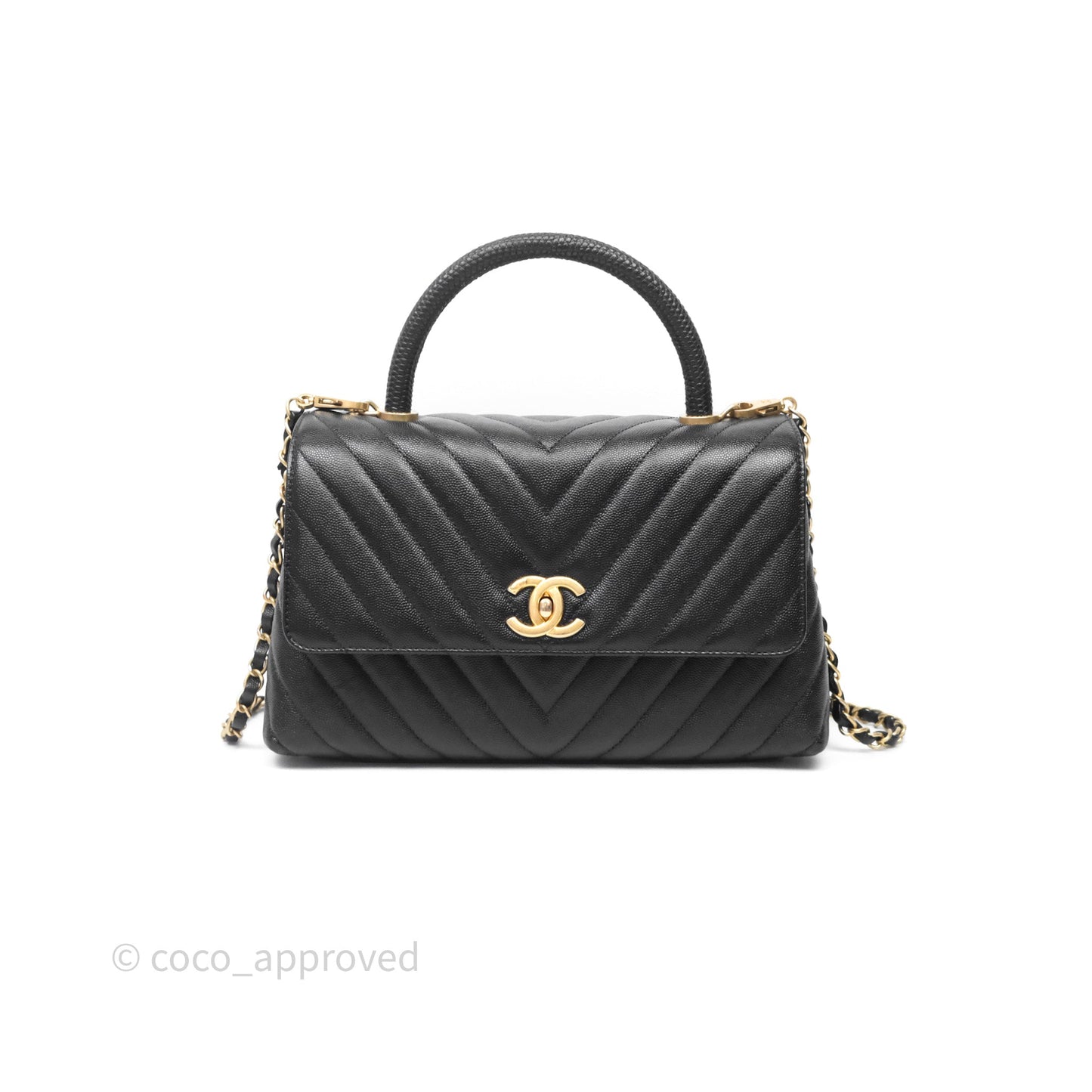 Chanel Medium Quilted Coco Handle Chevron Black Caviar Aged Gold Hardware Lizard Handle