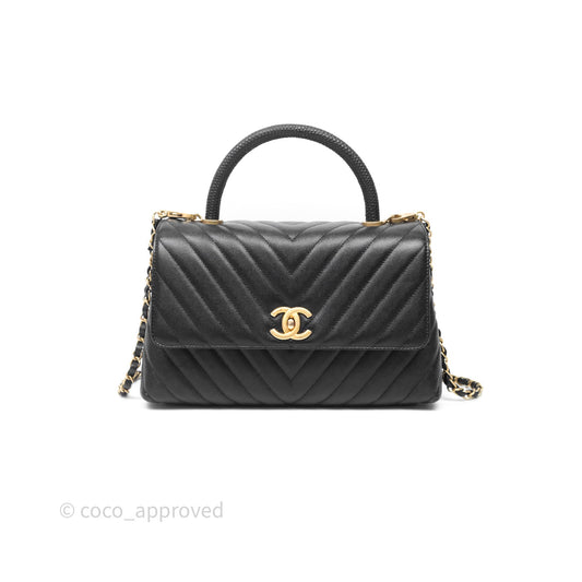 Chanel Medium Quilted Coco Handle Chevron Black Caviar Aged Gold Hardware Lizard Handle