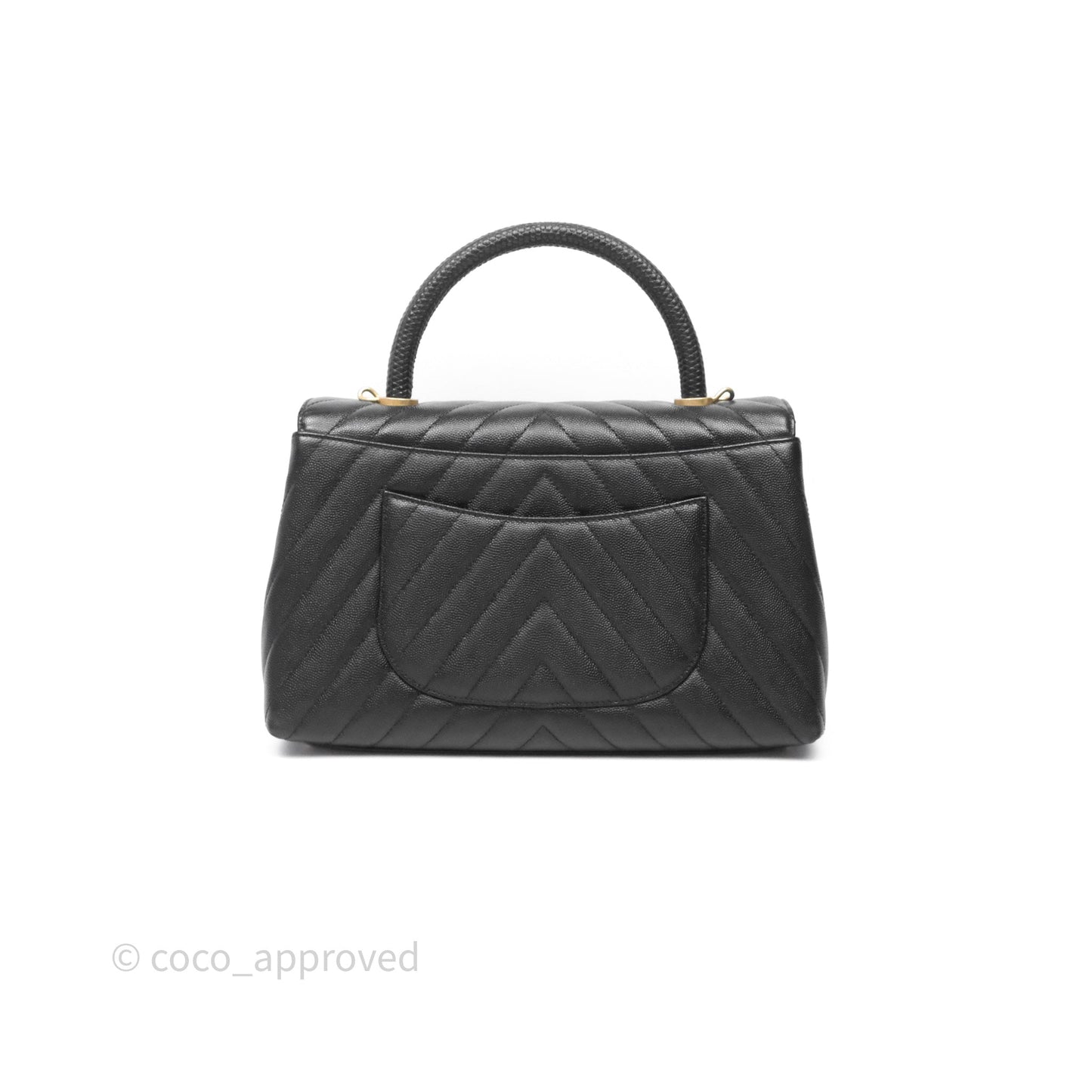 Chanel Medium Quilted Coco Handle Chevron Black Caviar Aged Gold Hardware Lizard Handle