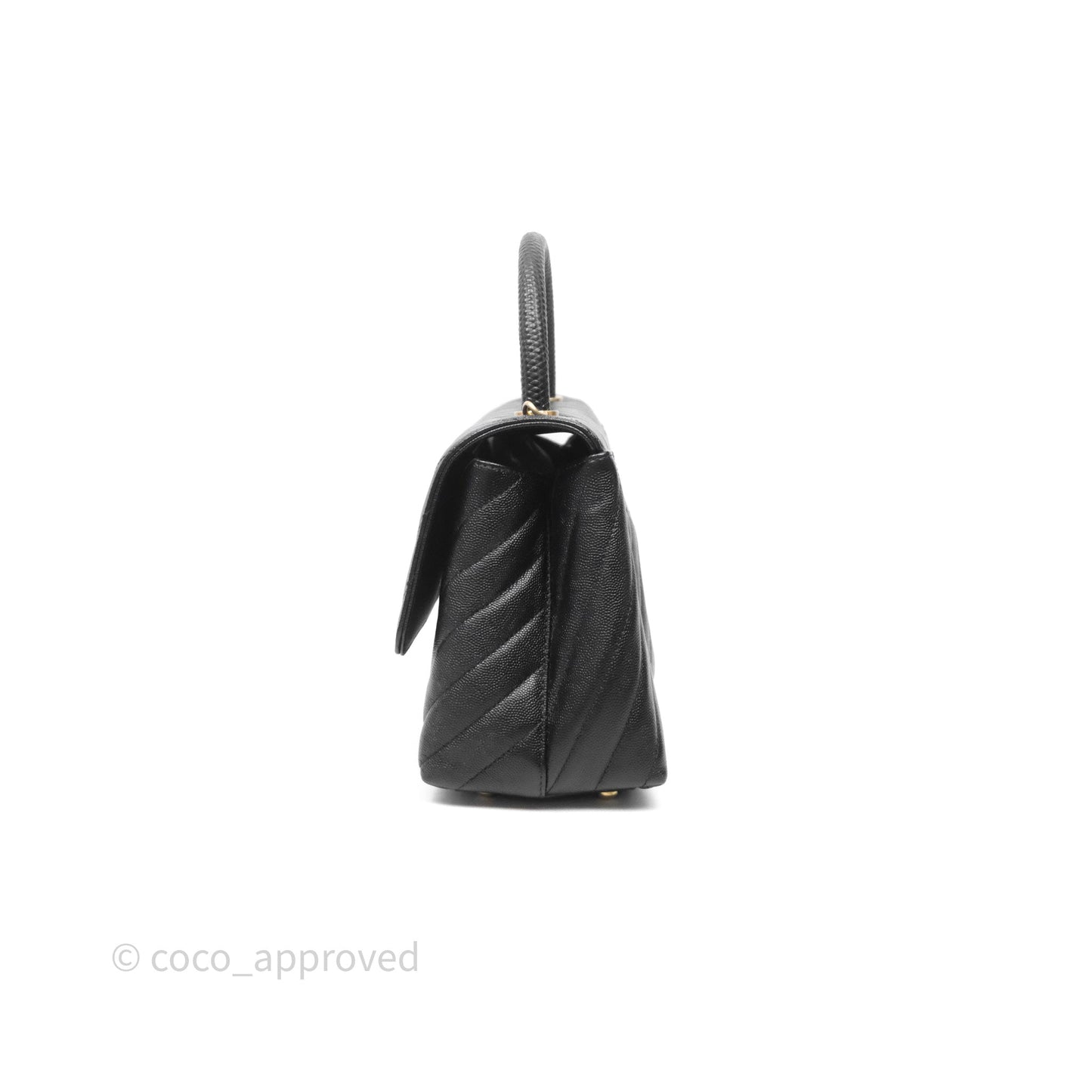 Chanel Medium Quilted Coco Handle Chevron Black Caviar Aged Gold Hardware Lizard Handle