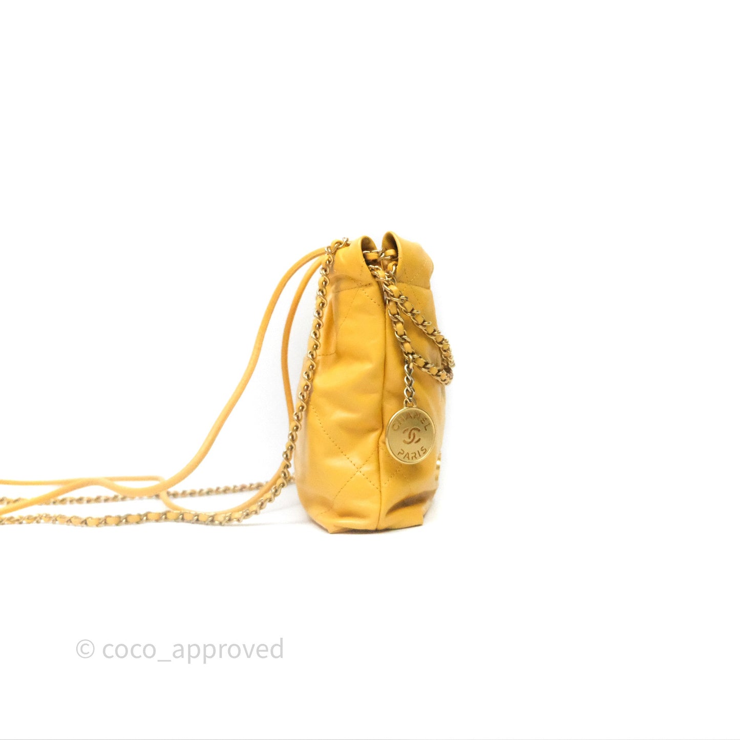 Chanel 22 Mini Bag Mustard Yellow Crumpled Calfskin Aged Gold Hardware