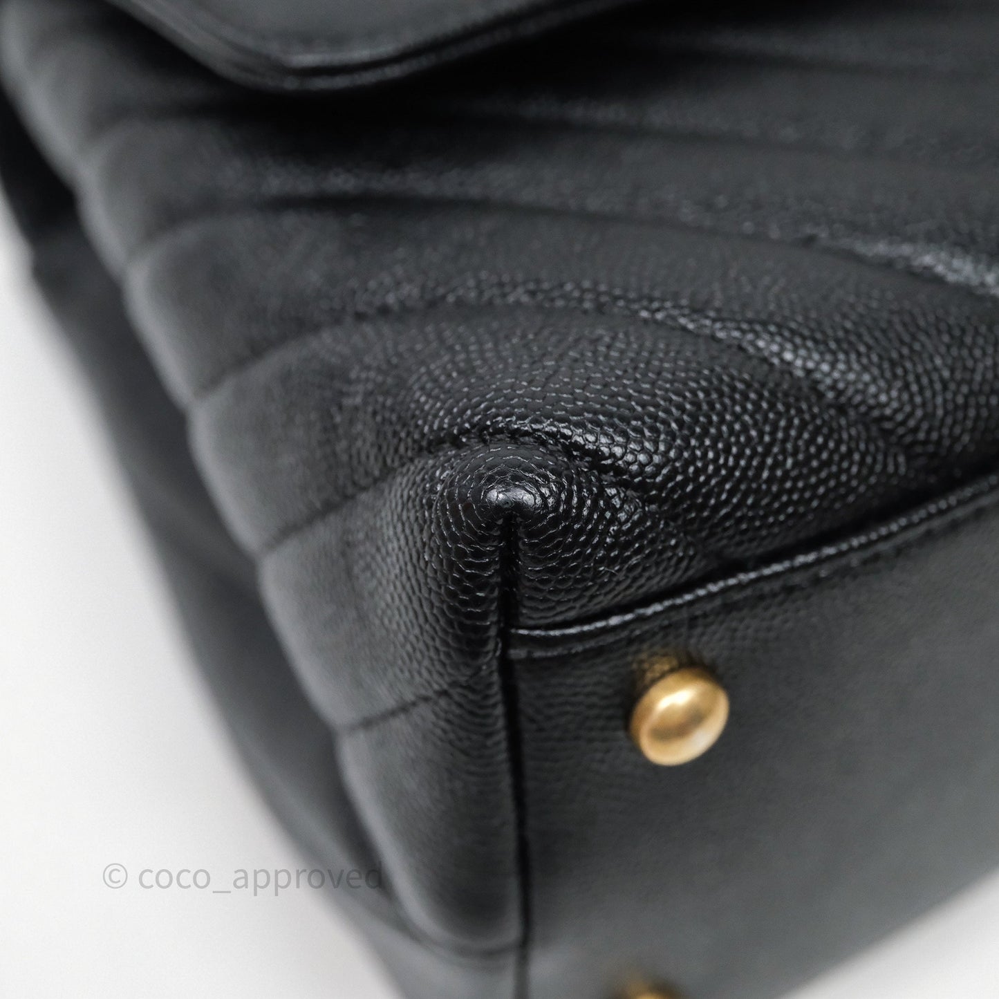 Chanel Medium Quilted Coco Handle Chevron Black Caviar Aged Gold Hardware Lizard Handle
