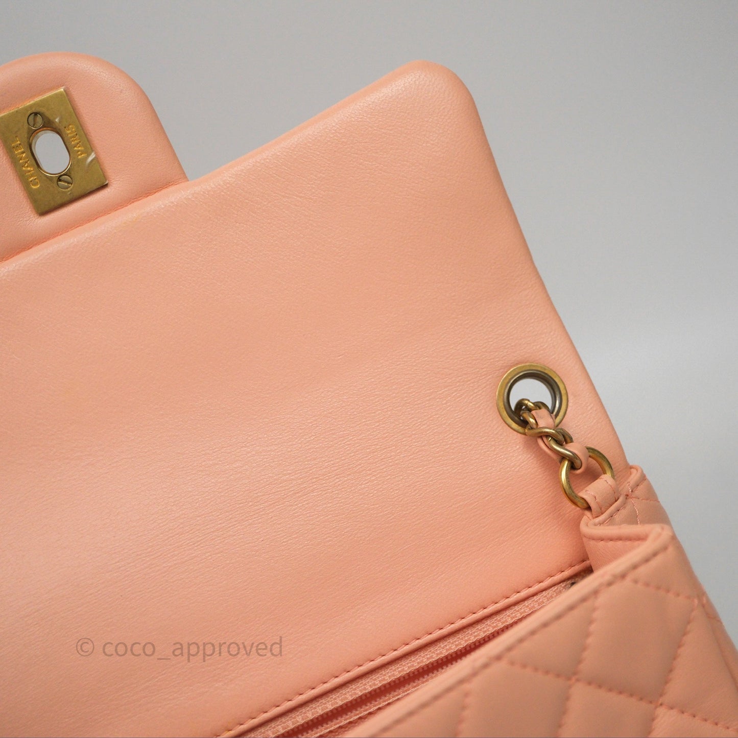 Chanel Mini Rectangular Pearl Crush Quilted Peach Lambskin Aged Gold Hardware