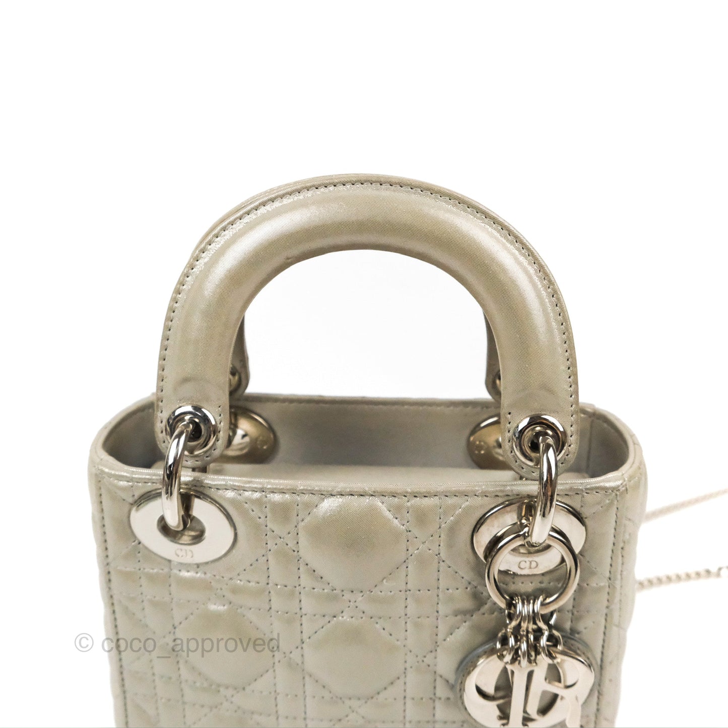 Christian Dior Mini Lady Dior Bag Cannage Lambskin Iridescent Grey Gold Hardware