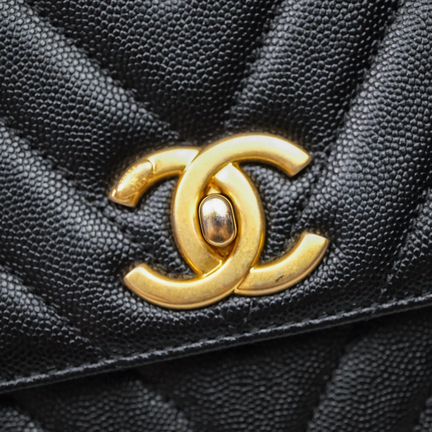 Chanel Medium Quilted Coco Handle Chevron Black Caviar Aged Gold Hardware Lizard Handle
