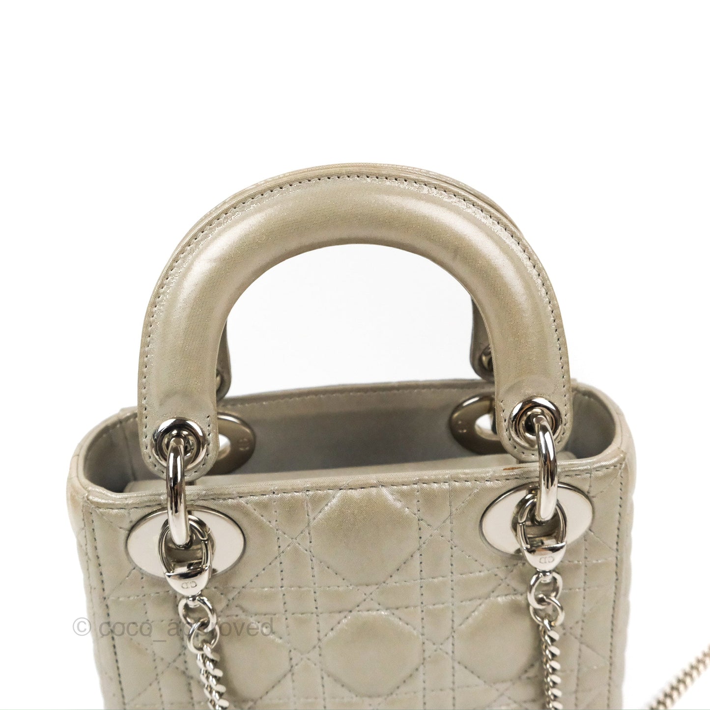 Christian Dior Mini Lady Dior Bag Cannage Lambskin Iridescent Grey Gold Hardware