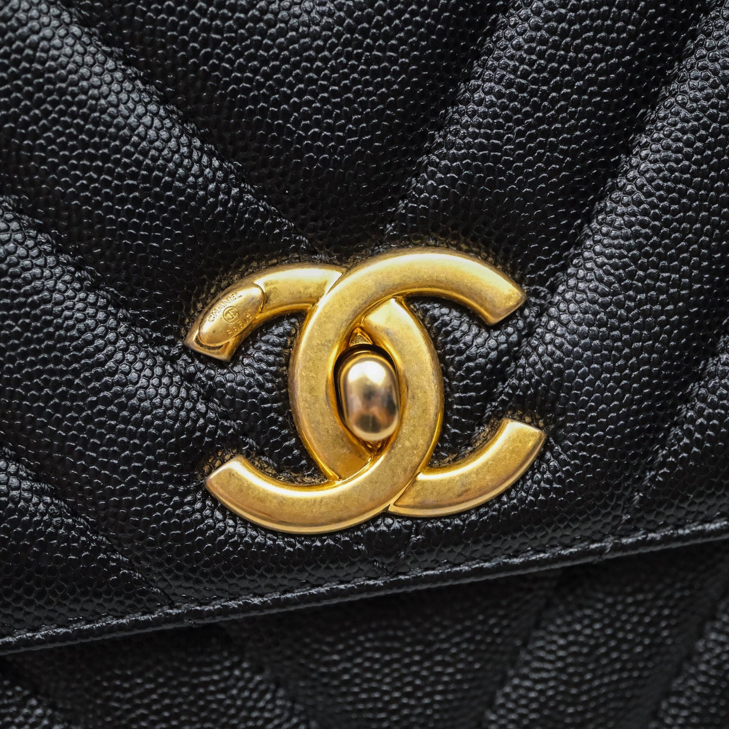 Chanel Medium Quilted Coco Handle Chevron Black Caviar Aged Gold Hardware Lizard Handle