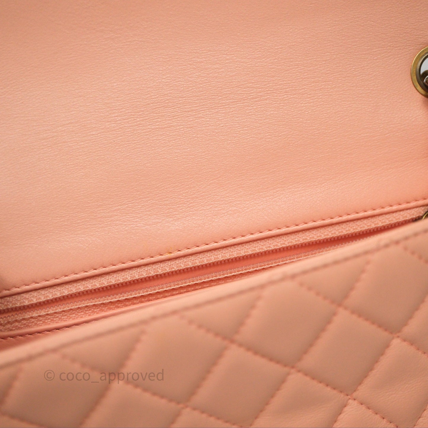 Chanel Mini Rectangular Pearl Crush Quilted Peach Lambskin Aged Gold Hardware
